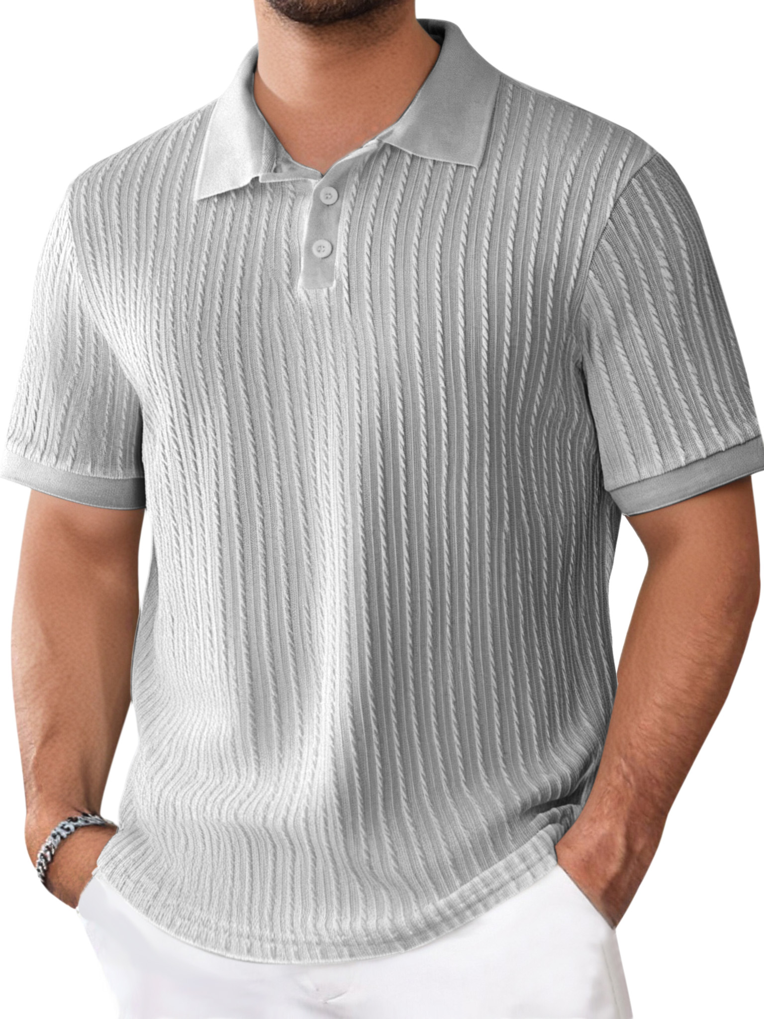 Men's Daily Solid Color Texture Short-sleeved Button-down Polo Shirt