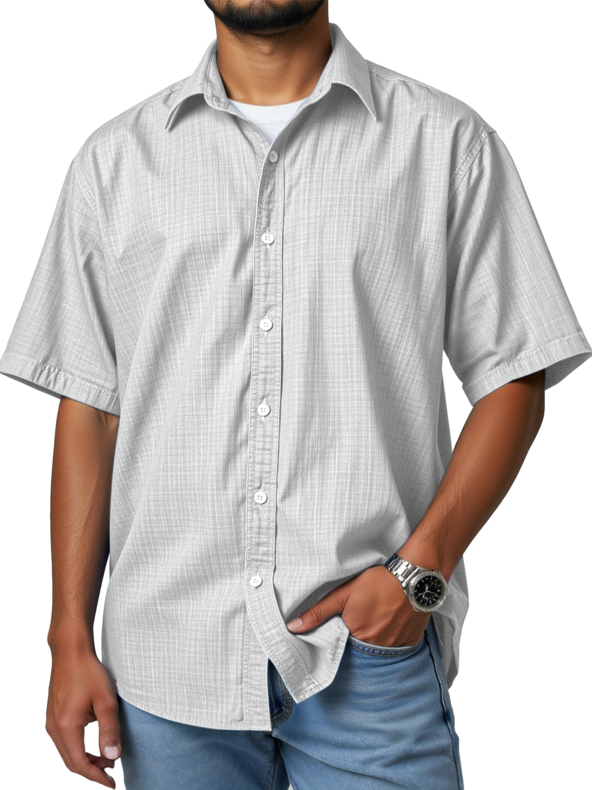 Men's casual and versatile imitation linen short-sleeved lapel shirt