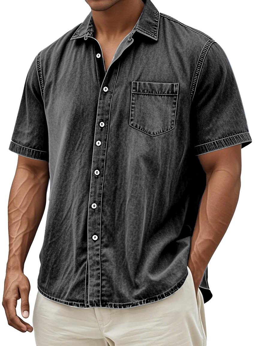 Men's Retro Solid Color Simple Everyday Short Sleeve Button Lapel Shirt