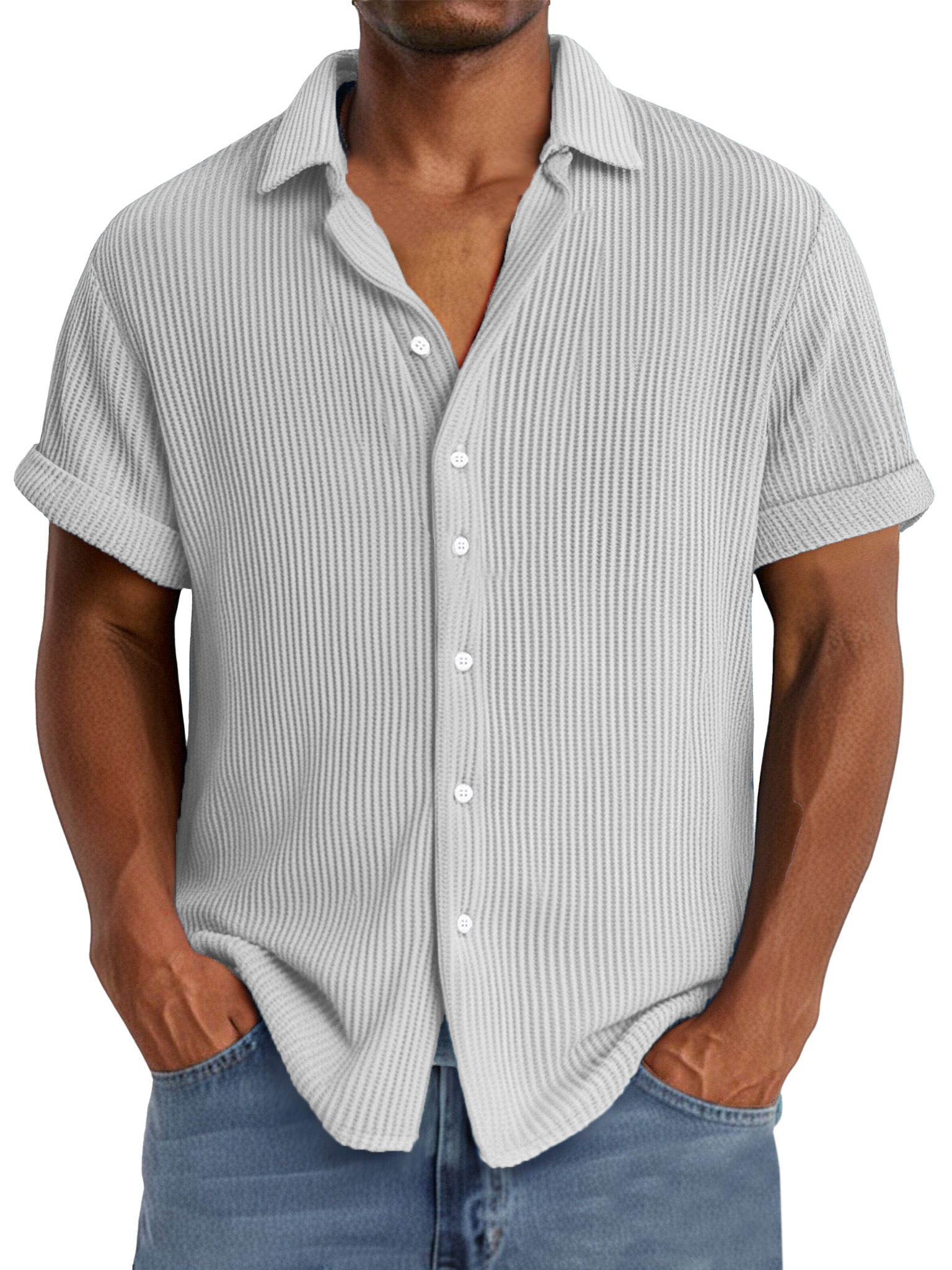 Men's summer casual simple waffle texture short-sleeved shirt