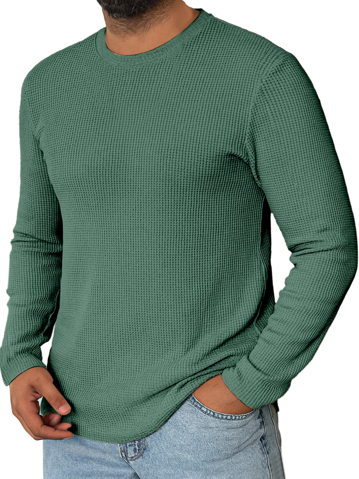 Men's Daily Simple Solid Color Waffle Round Neck Long-sleeved T-shirt
