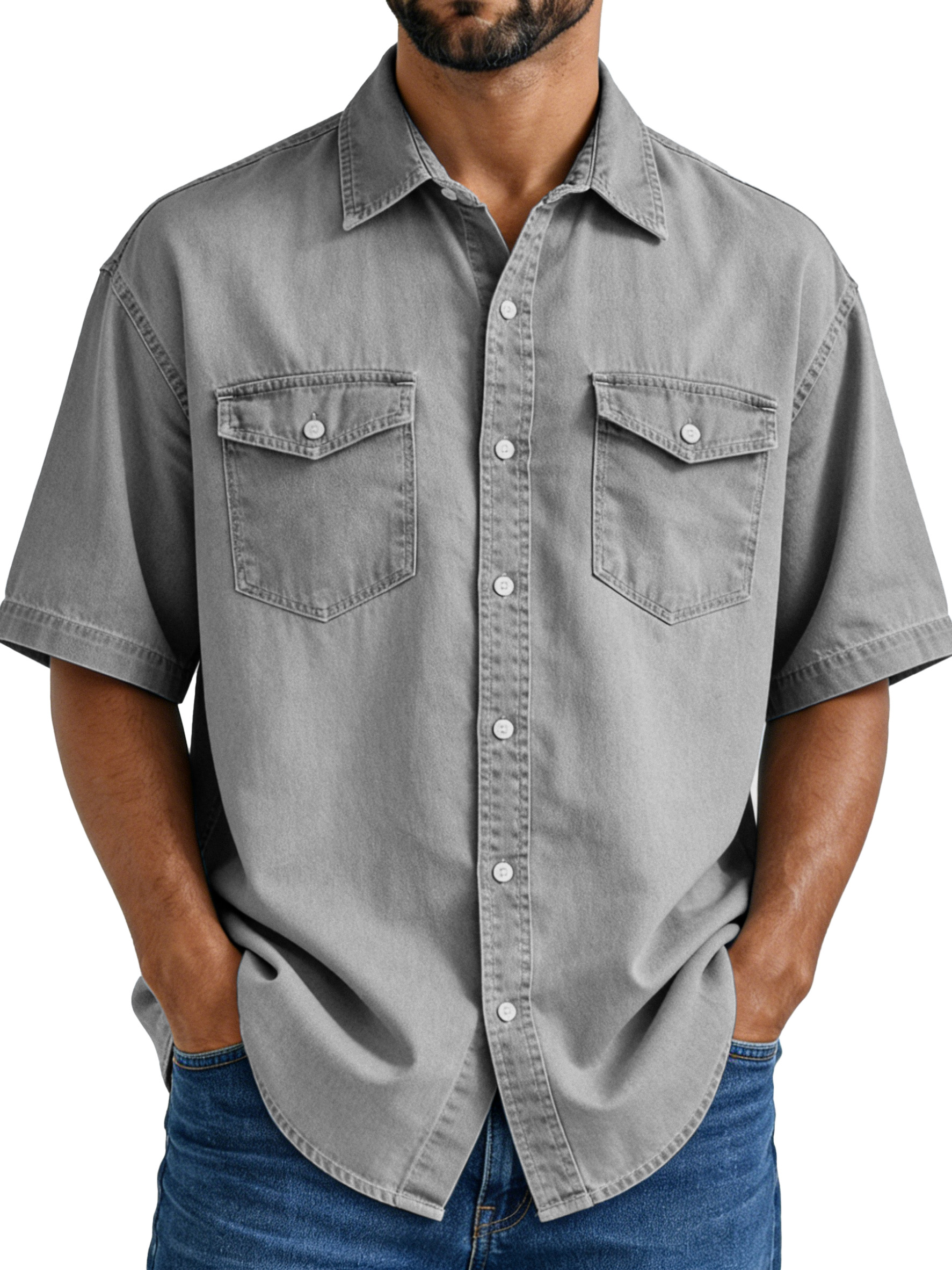 Men's Simple Vintage Double-pocket Lapel Button-down Short-sleeved Shirt