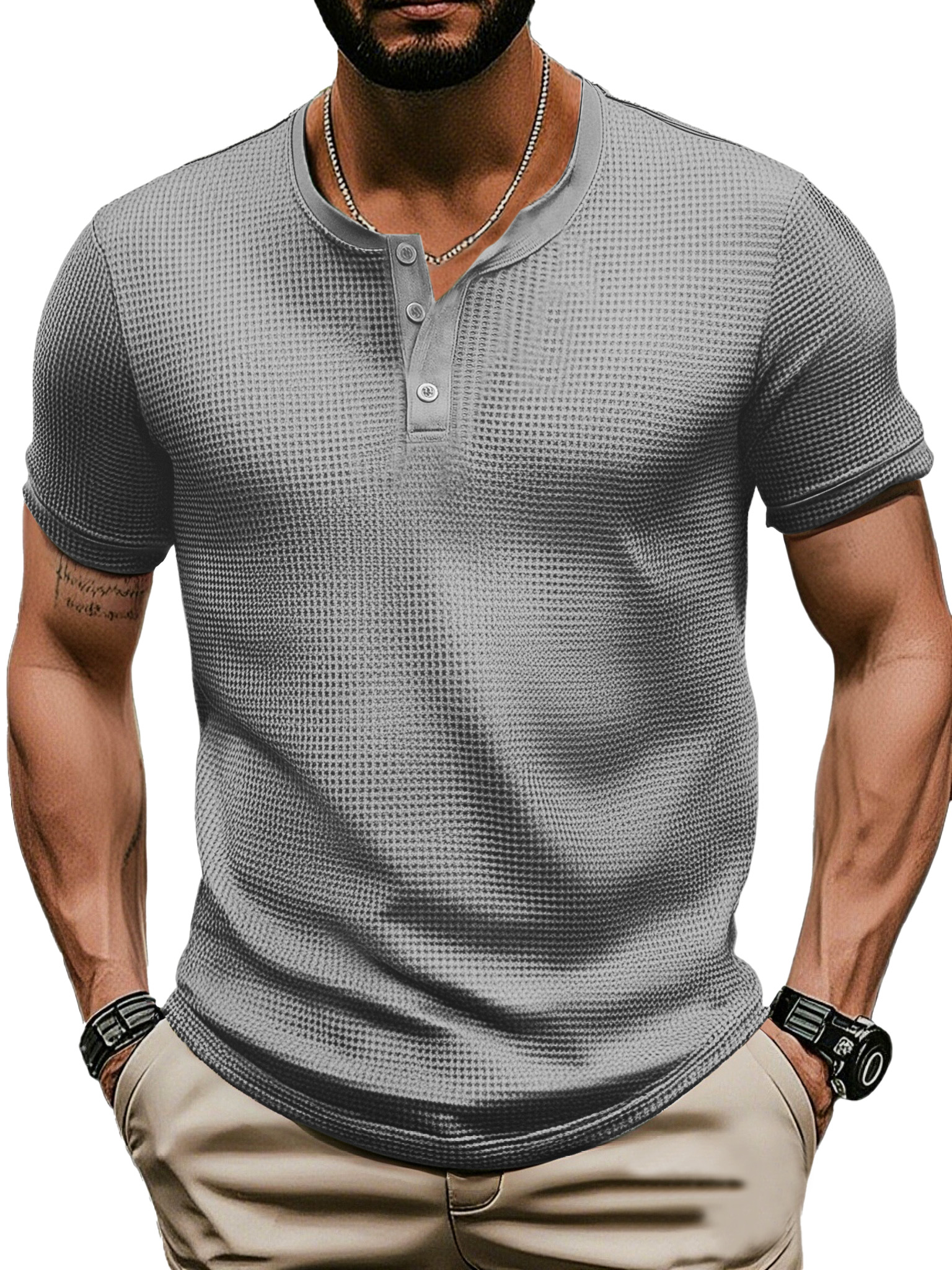 Men's Casual Solid Color Waffle Short Sleeve Three Button Henley Shirt