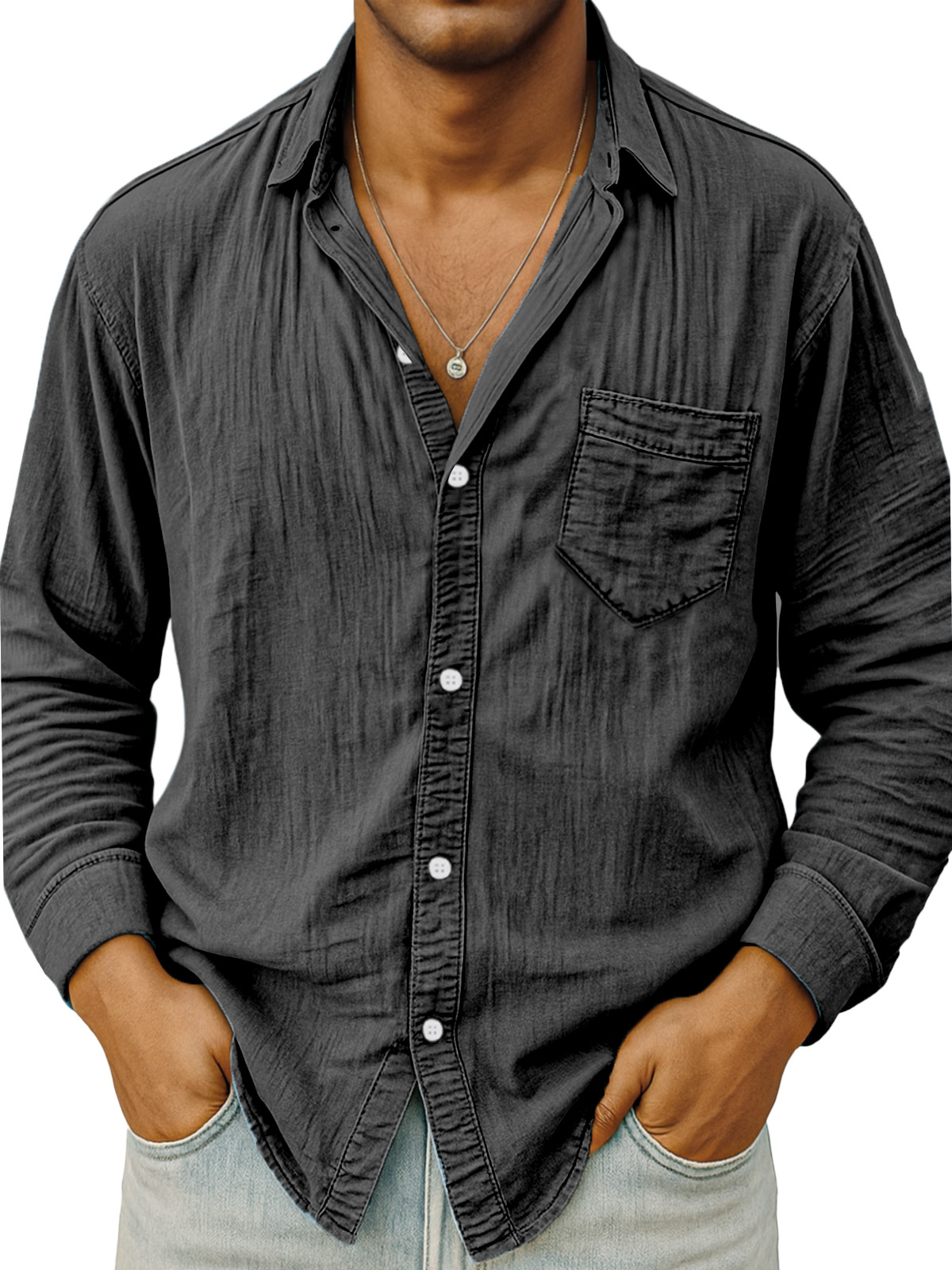 Men's Simple Daily Breathable Solid Color Comfortable Long-sleeved Shirt