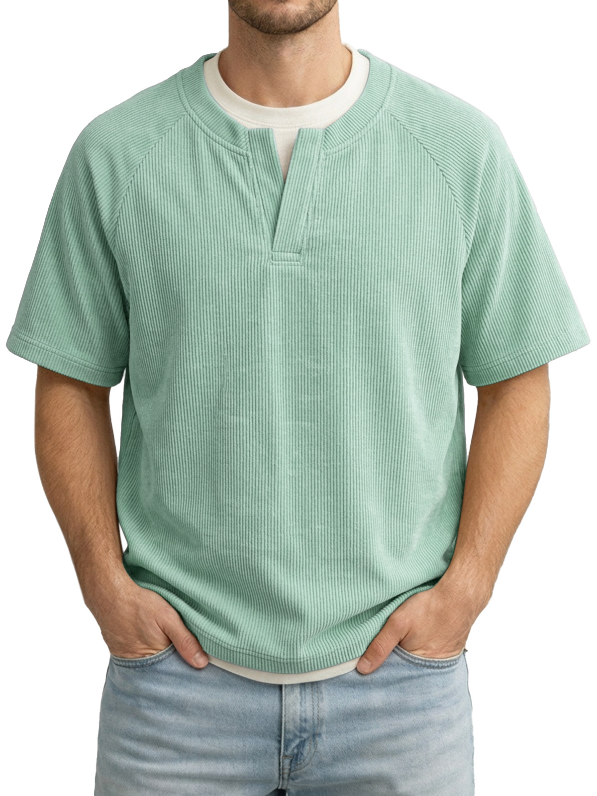 Men's Solid Color Fake Two-piece Vertical Pit V-neck Short-sleeved T-shirt
