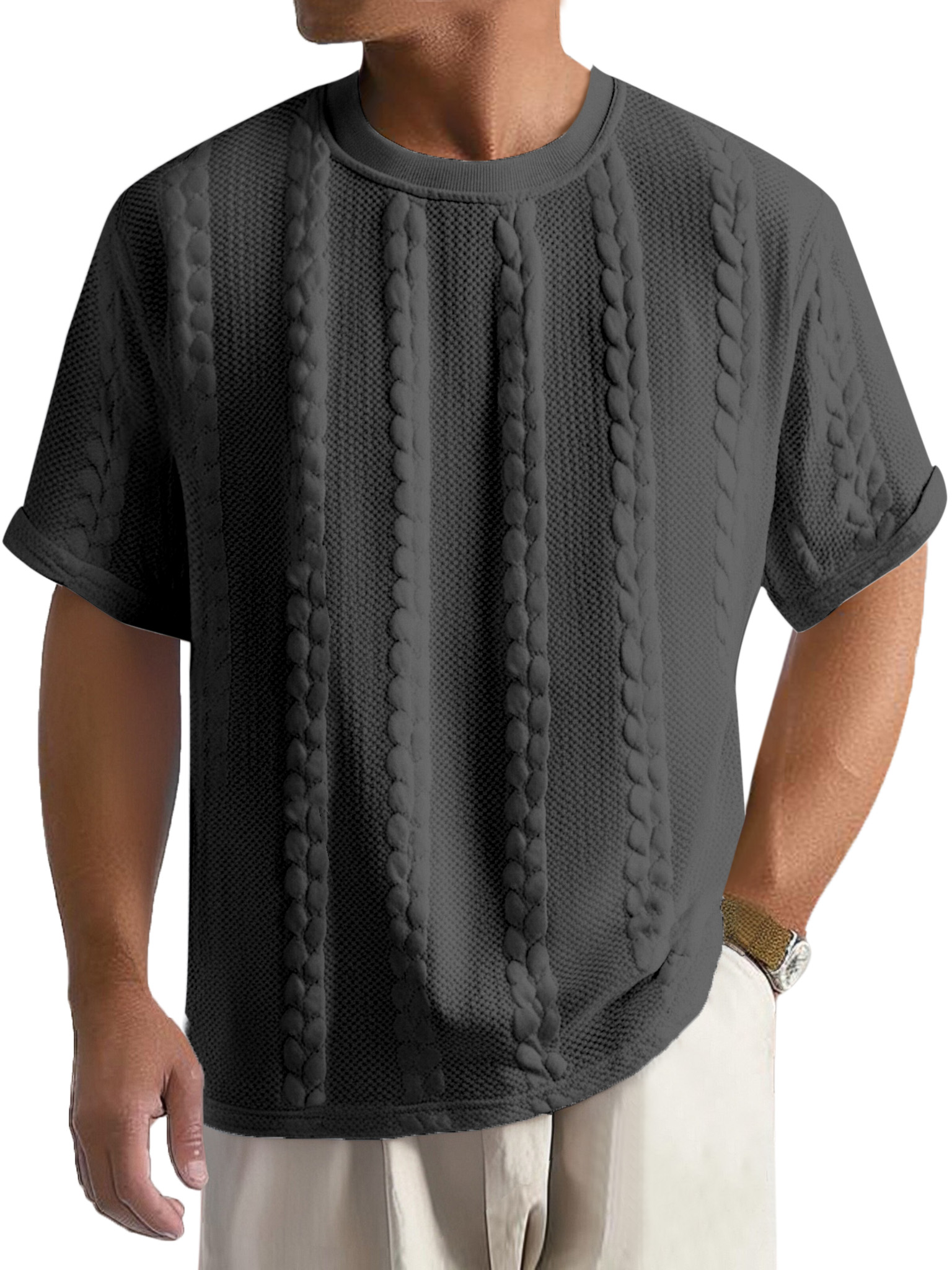Men's Casual Solid Color Texture Loose Round Neck Short-sleeved T-shirt