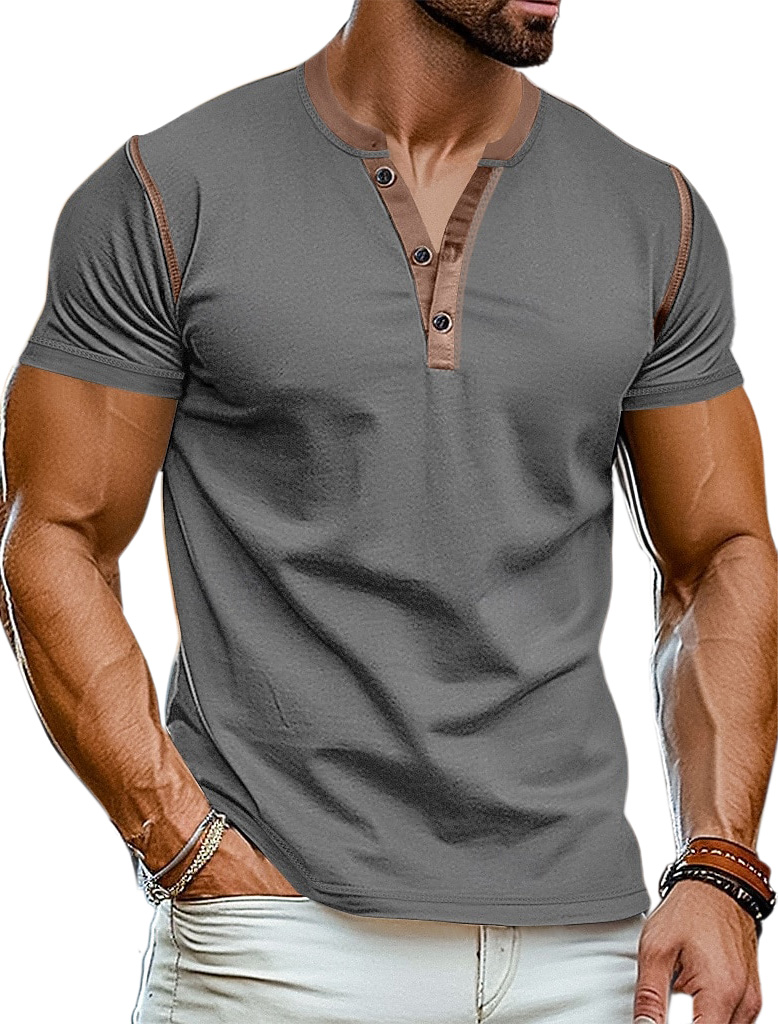 Men's Everyday Simple And Comfortable Cotton Contrast Button Short-sleeved Henley Shirt