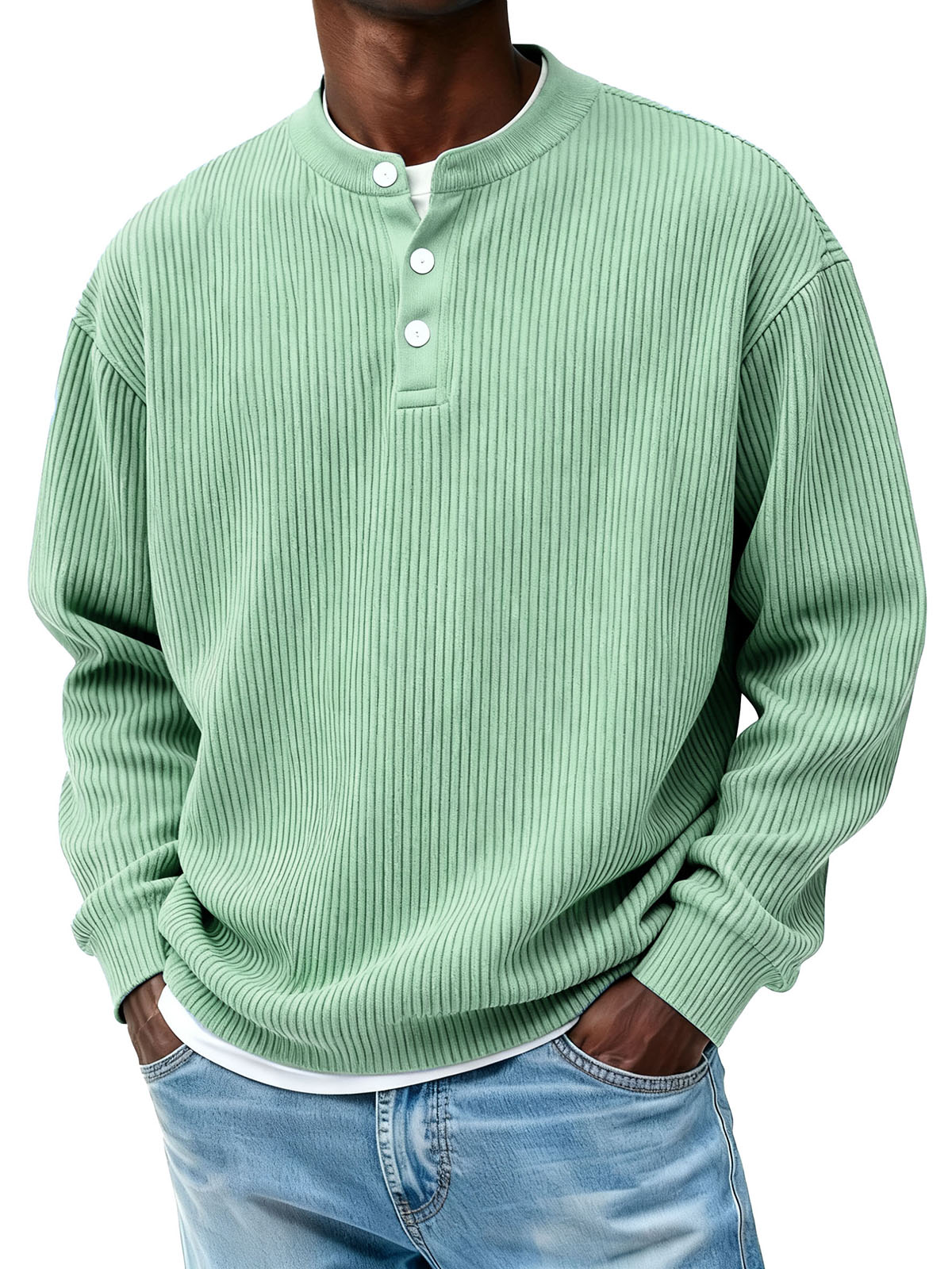 Men's Casual Pit Strip Fabric Three-button Long-sleeved Henry Shirt