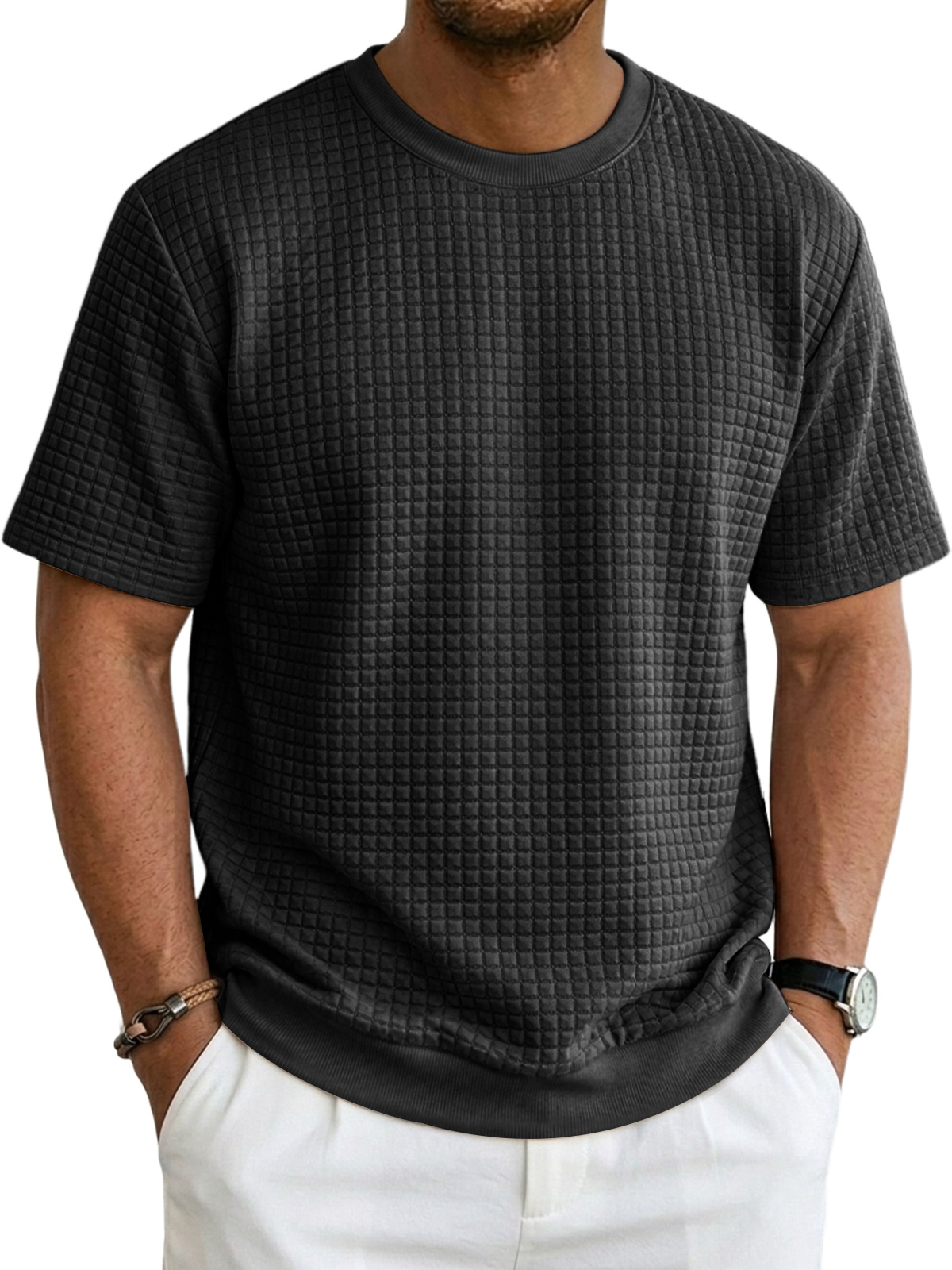 Men's Casual Waffle Knit Crew Neck Comfortable Short Sleeve T-Shirt