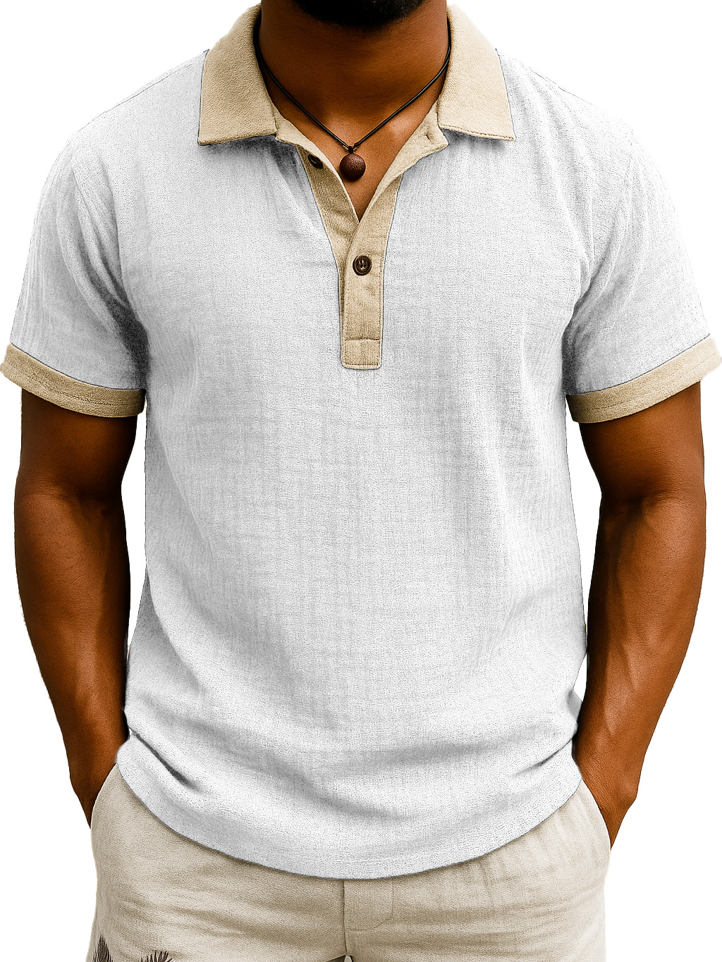 Men's Fashion Retro Hemp Fabric Patchwork Contrast Color Short-sleeved Polo Shirt