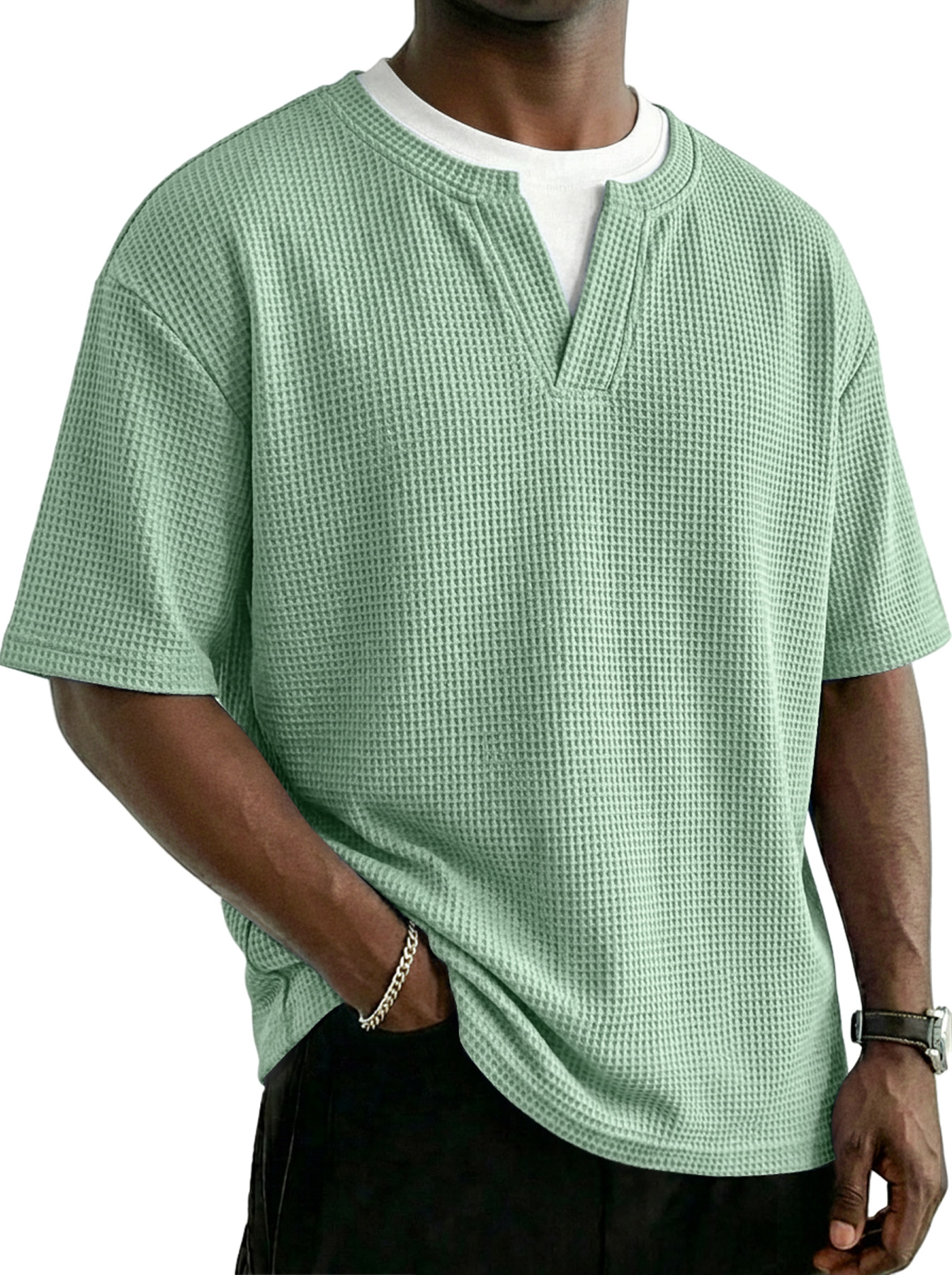Men's Waffle-knit Faux Two-piece Casual Solid Color Short-sleeved T-shirt