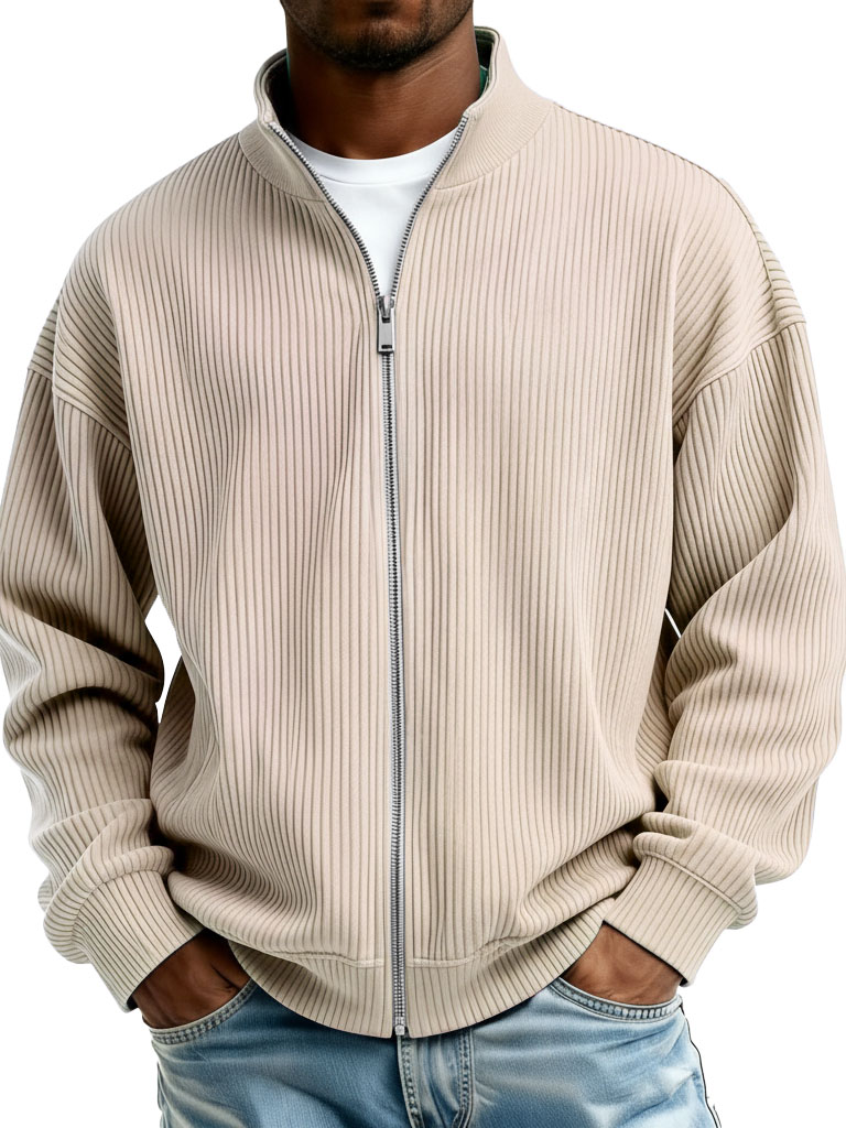 Men's Fashion Casual Stand Collar Ribbed Fabric Long-Sleeve Jacket