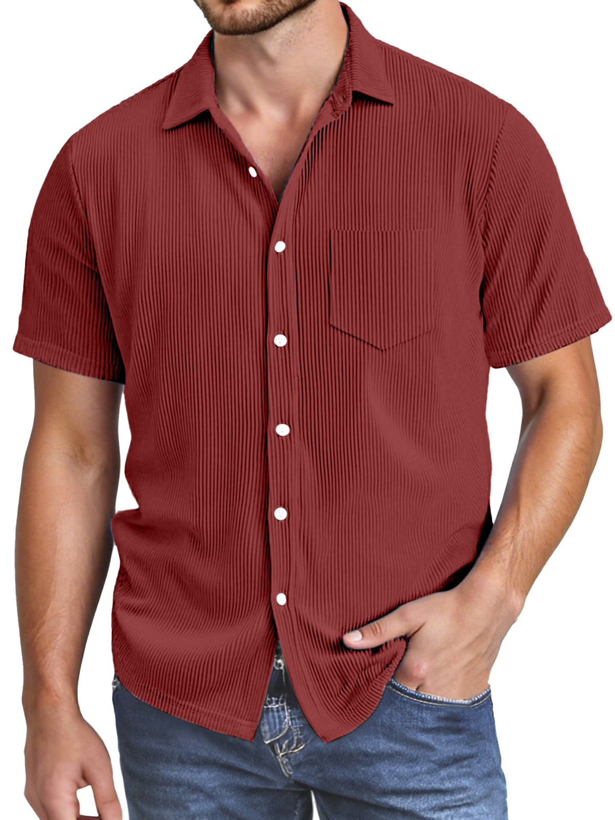Men's Simple Solid Color Vertical Pit Texture Button Lapel Short-sleeved Shirt
