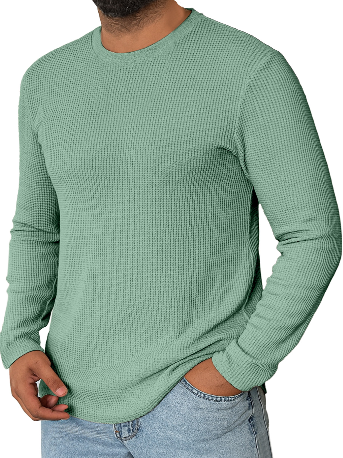 Men's Daily Simple Solid Color Waffle Round Neck Long-sleeved T-shirt