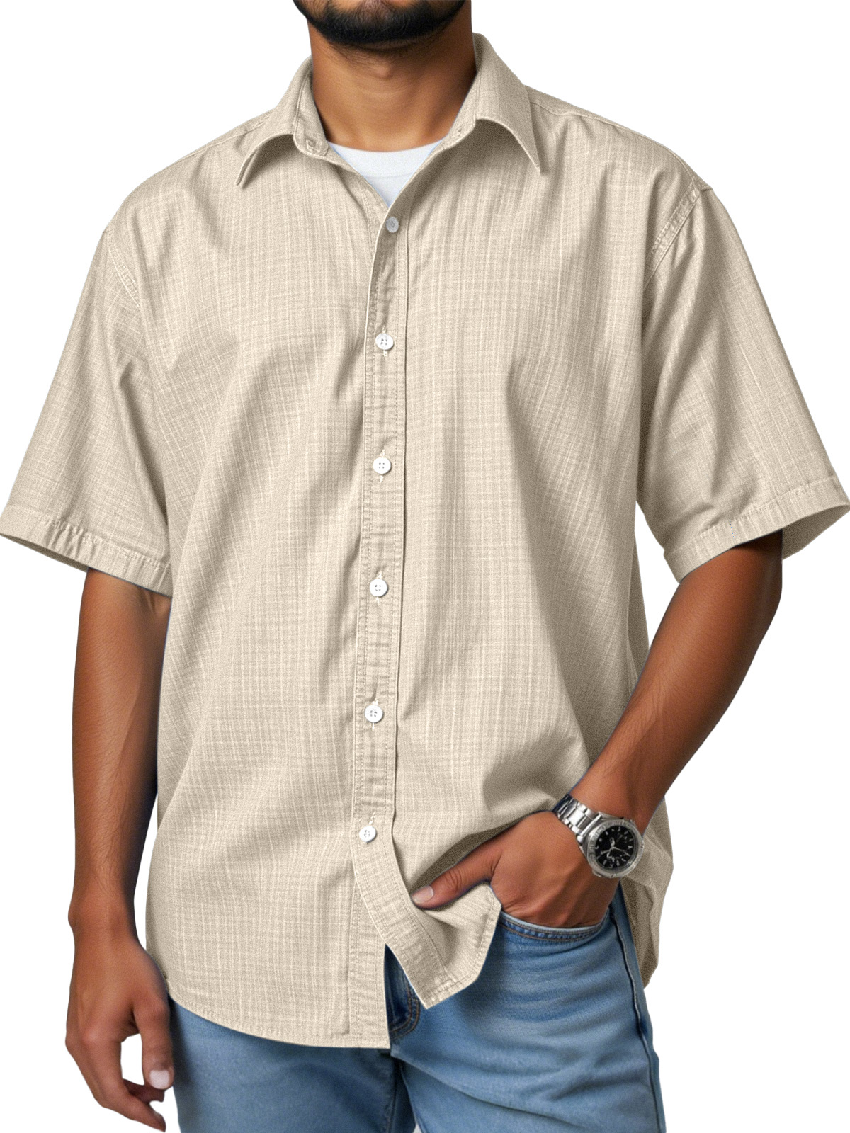 Men's casual and versatile imitation linen short-sleeved lapel shirt