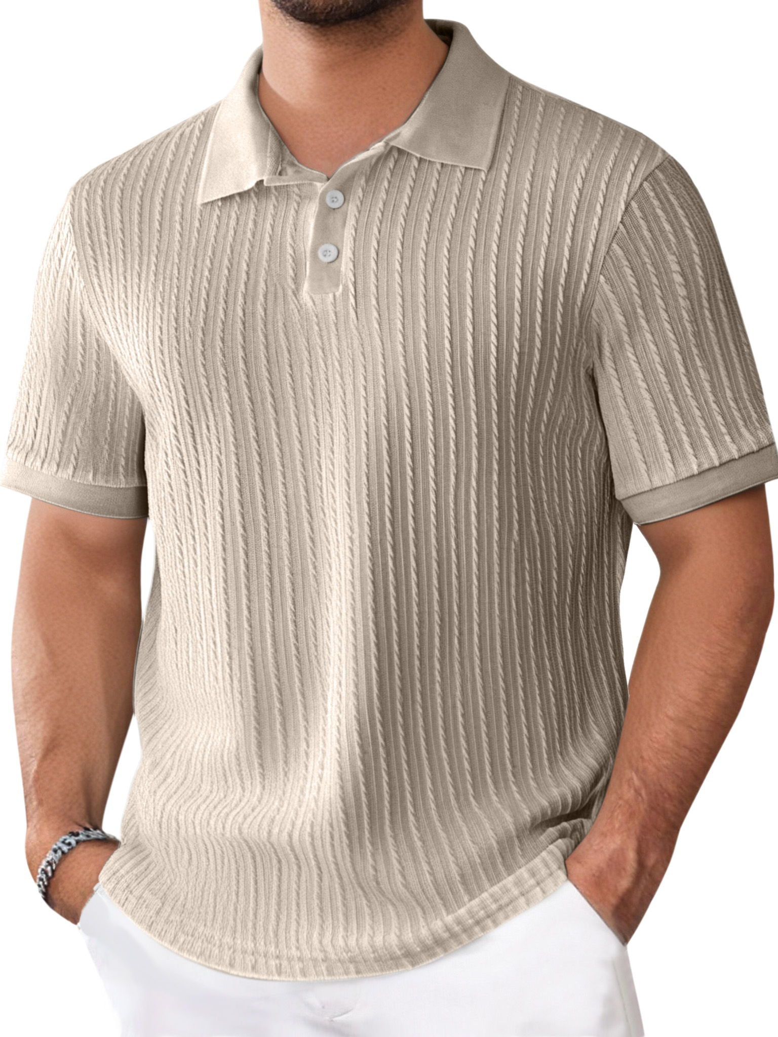 Men's Daily Solid Color Texture Short-sleeved Button-down Polo Shirt