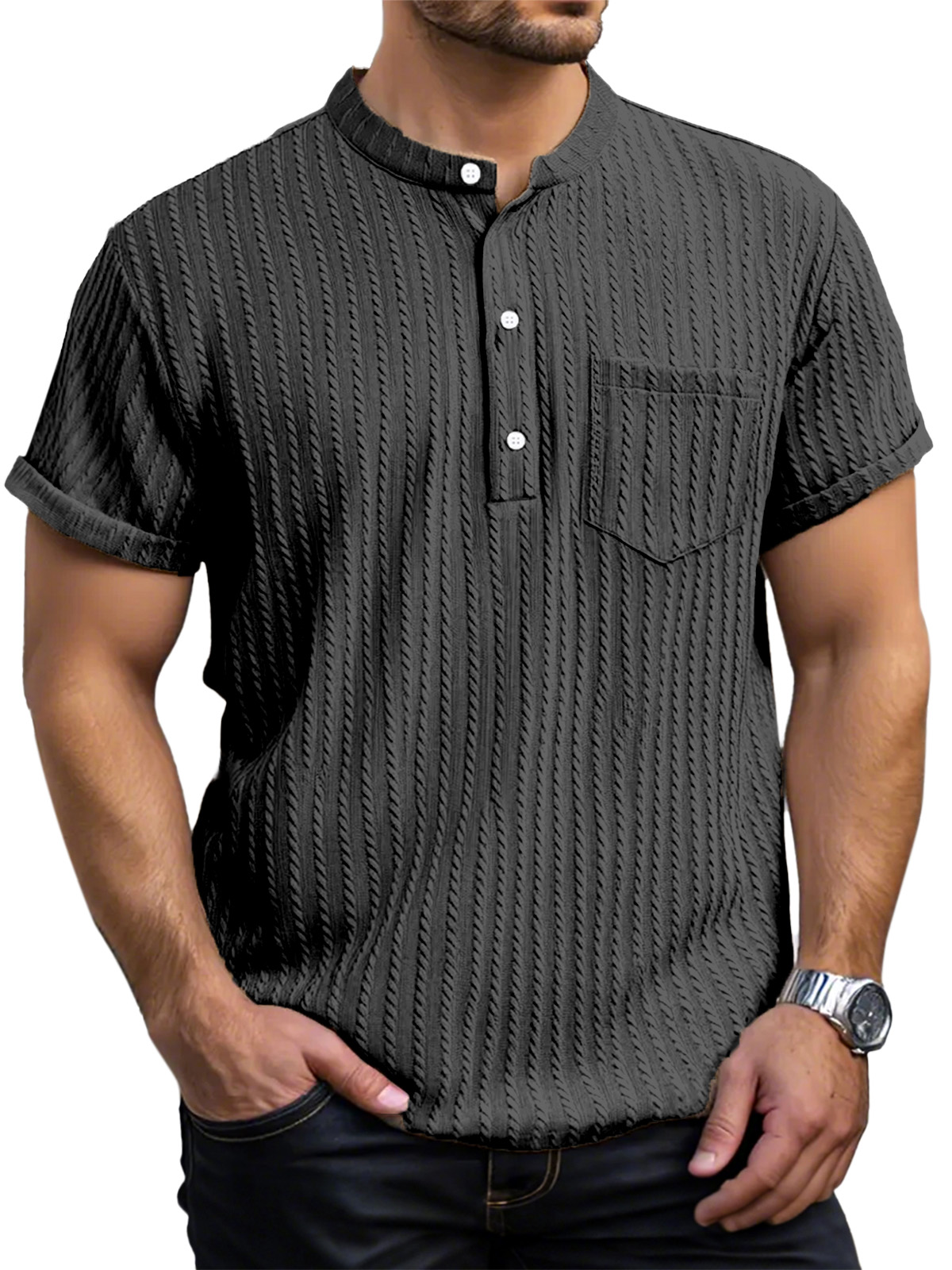 Men's Everyday Casual Short Sleeve Textured Button Henley Shirt
