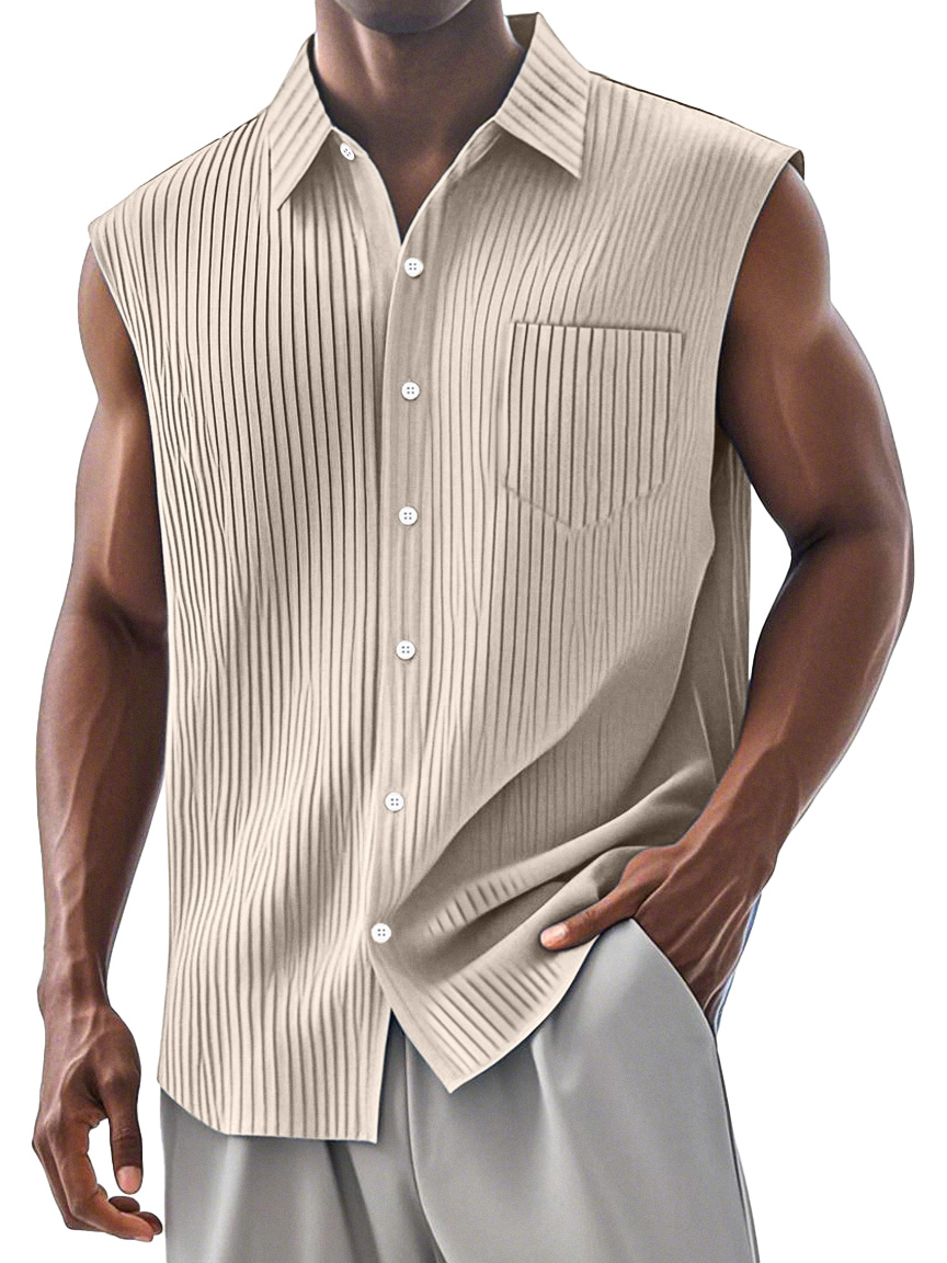 Men's Simple Daily Pit Strip Chest Pocket Lapel Sleeveless Shirt