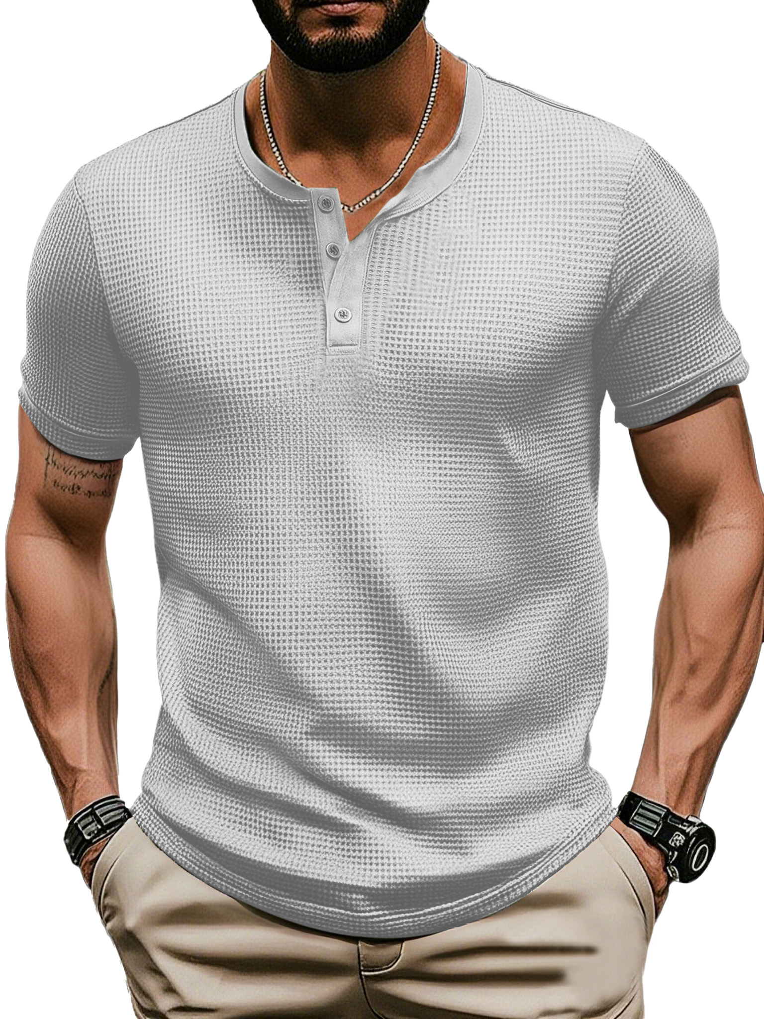 Men's Casual Solid Color Waffle Short Sleeve Three Button Henley Shirt