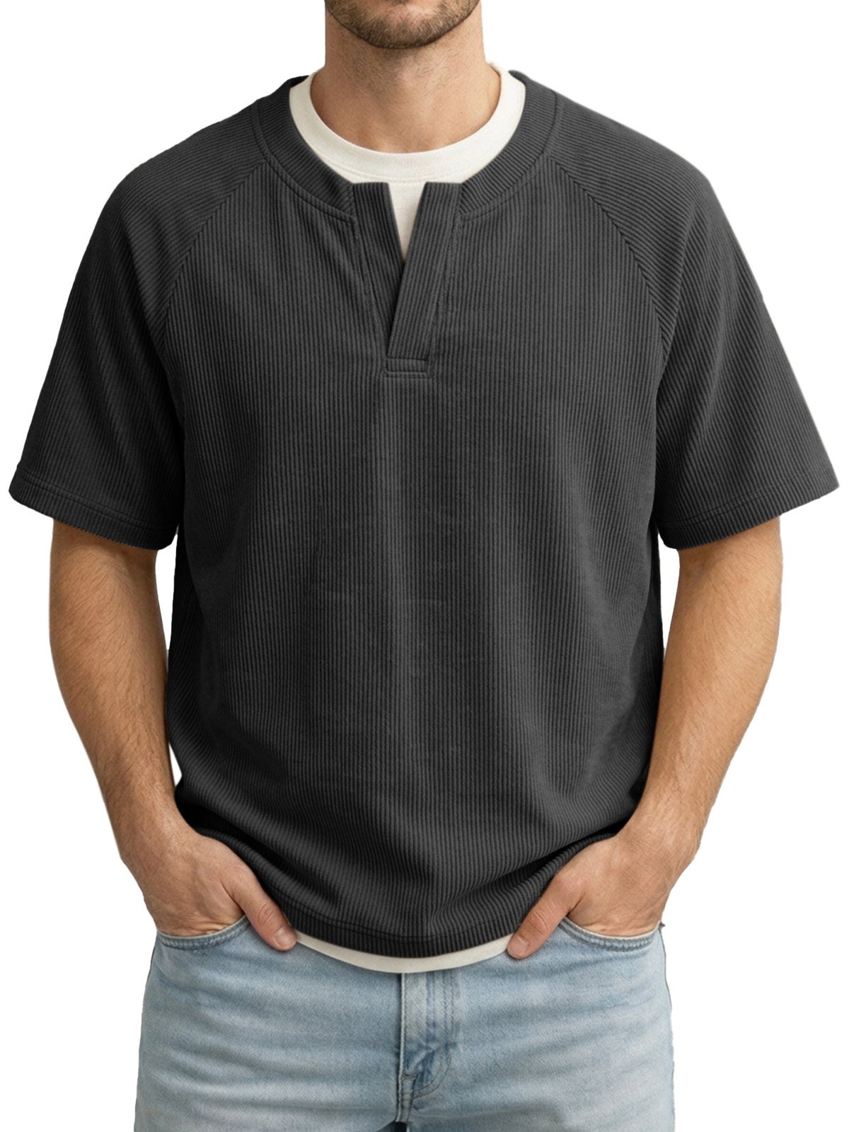 Men's Solid Color Fake Two-piece Vertical Pit V-neck Short-sleeved T-shirt