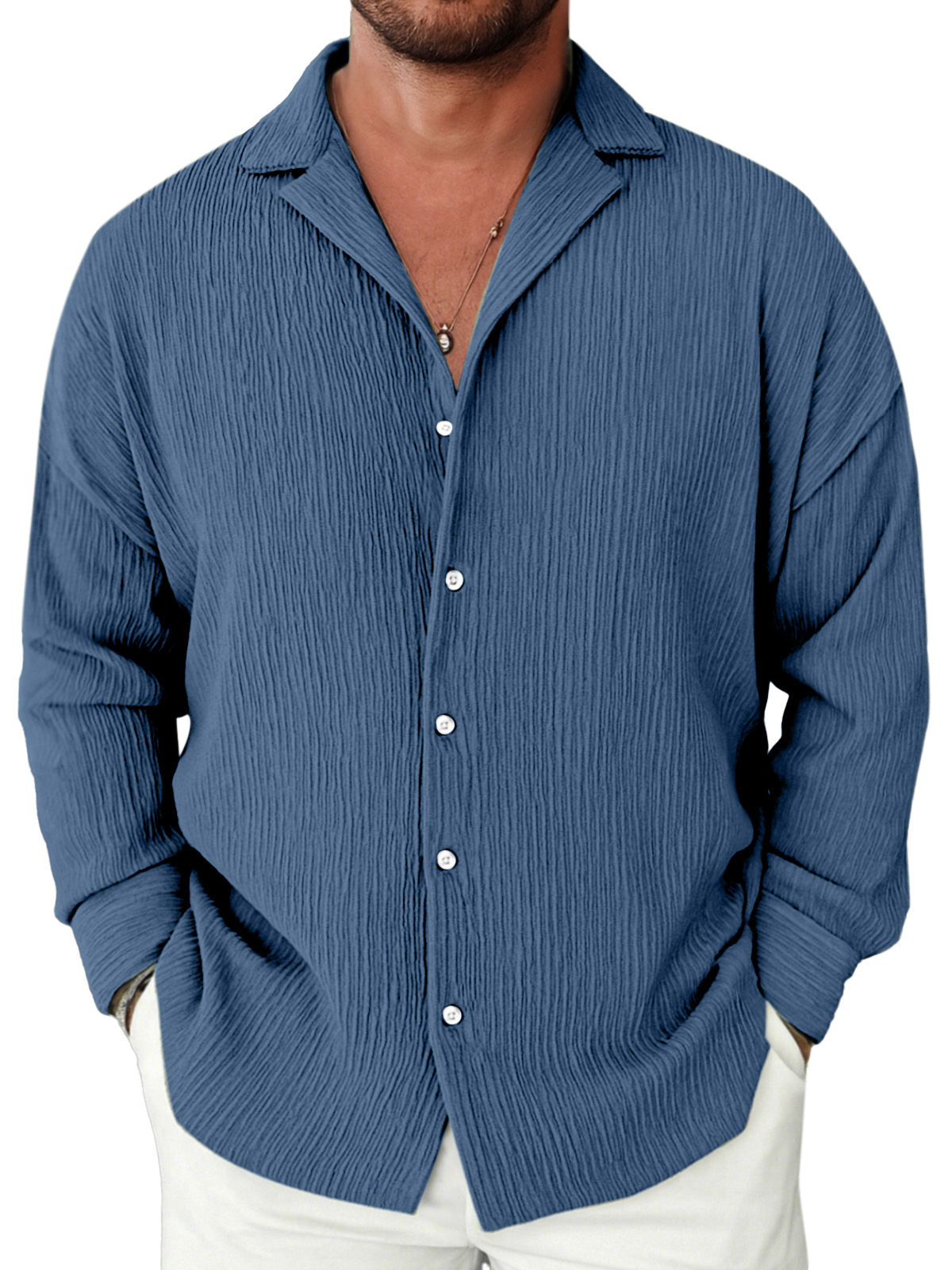 Men's Casual Solid Color Textured Loose Lapel Long-sleeved Shirt