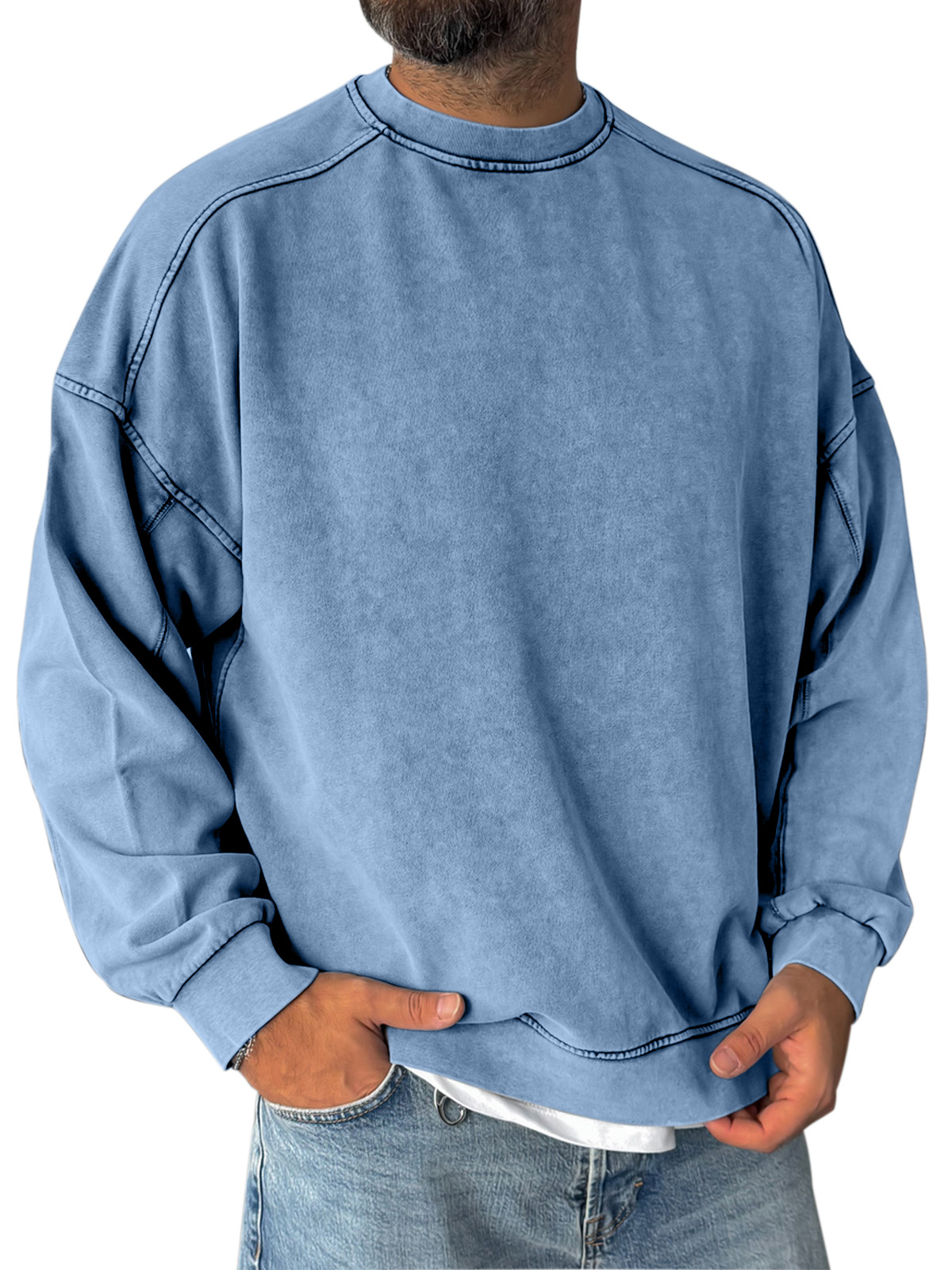 Retro Simple Shoulder Design Stitching Casual Round Neck Sweatshirt