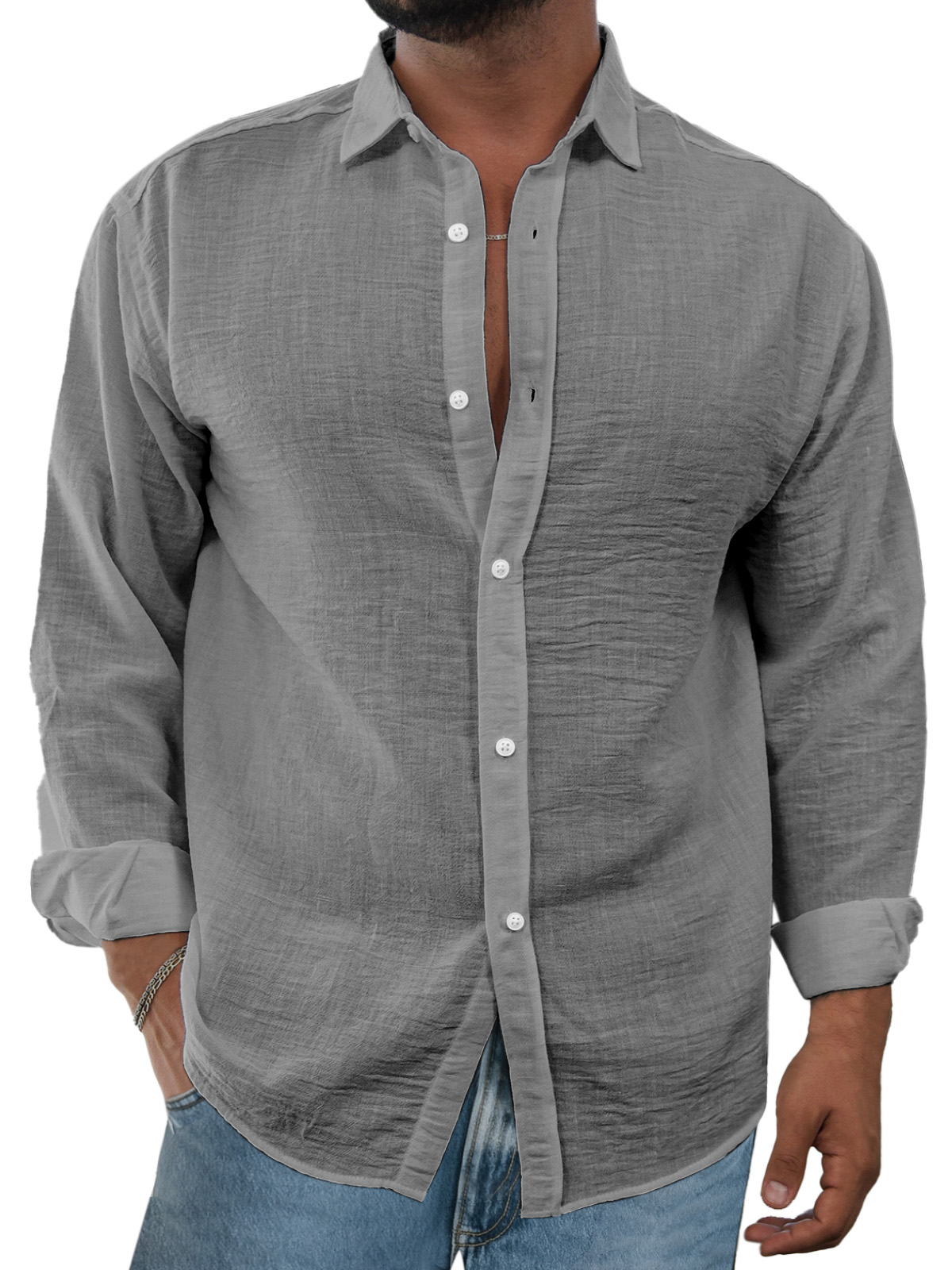 Men's Simple And Comfortable Solid Color Imitation Linen Lapel Long-sleeved Shirt