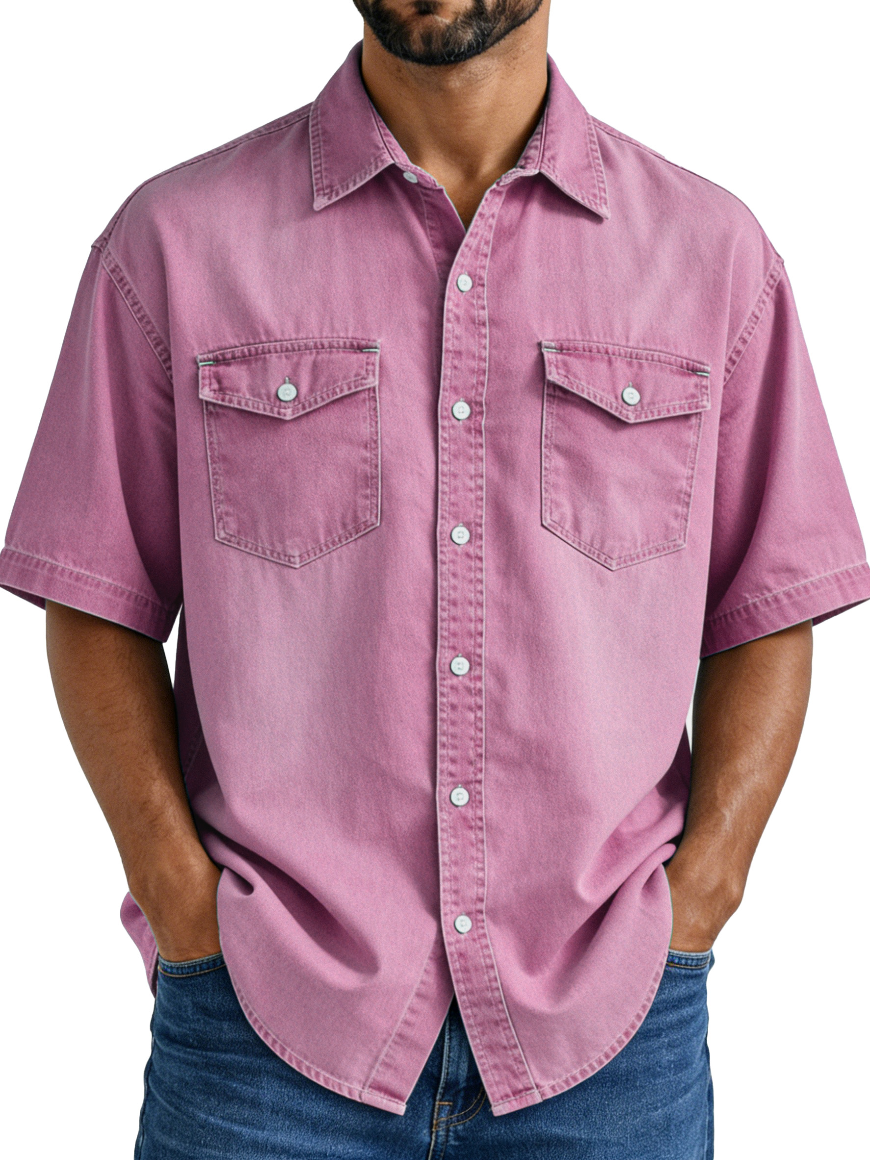 Men's Simple Vintage Double-pocket Lapel Button-down Short-sleeved Shirt