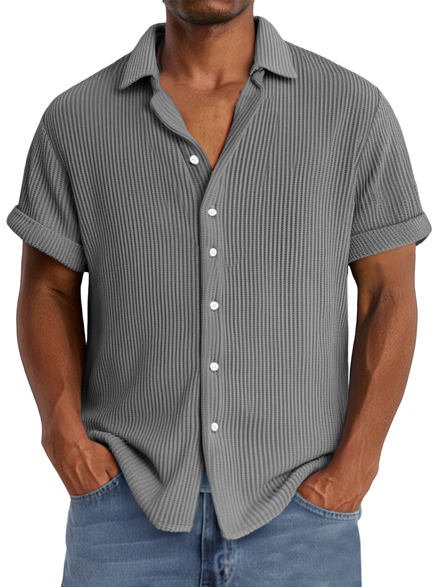Men's summer casual simple waffle texture short-sleeved shirt