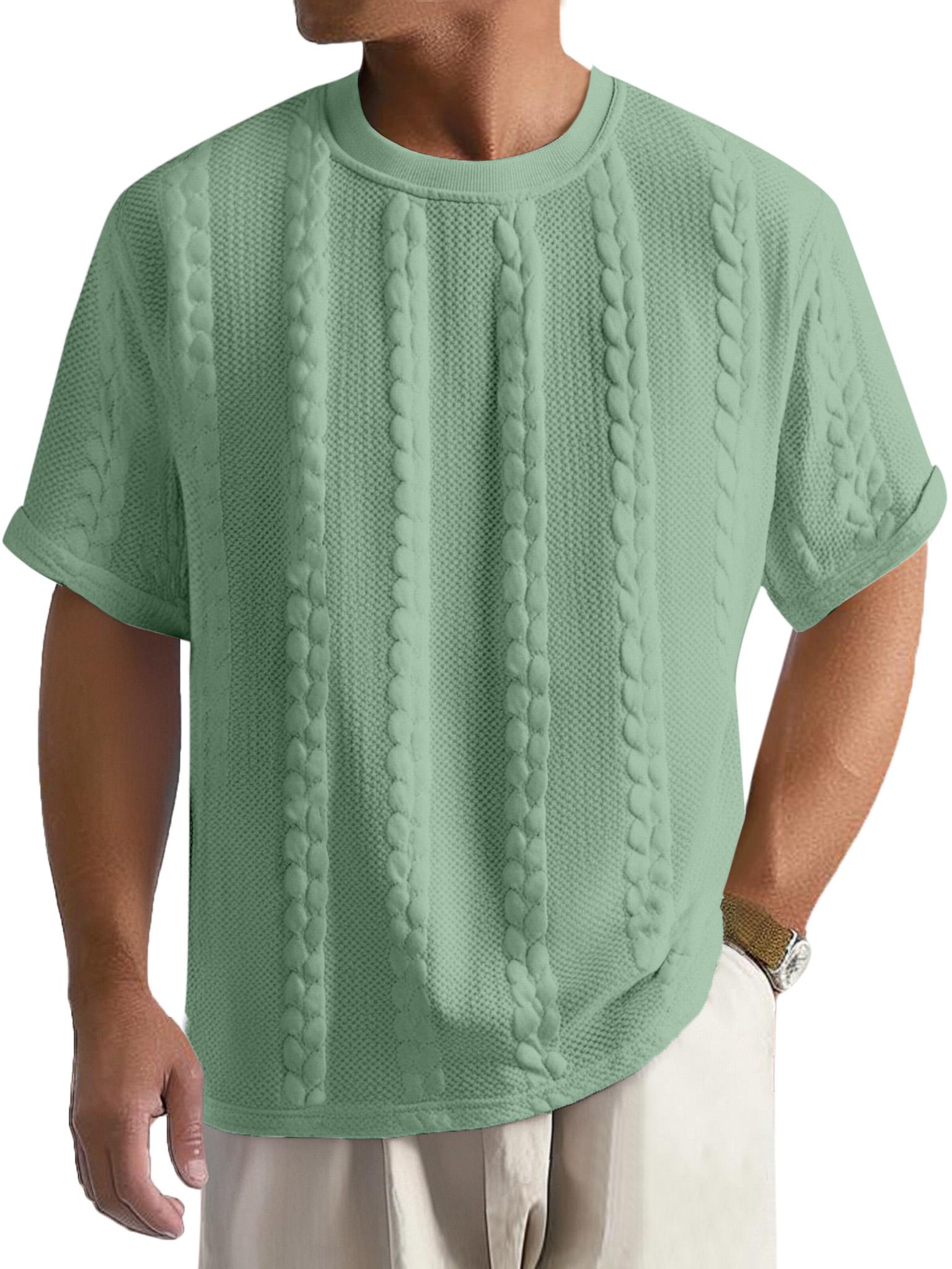 Men's Casual Solid Color Texture Loose Round Neck Short-sleeved T-shirt