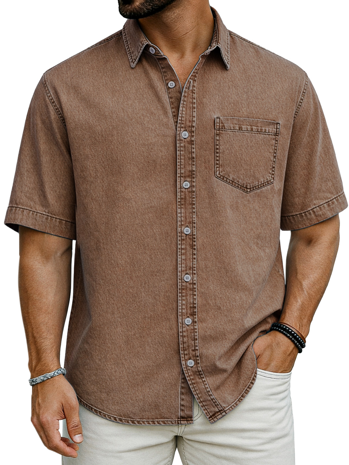 Retro Simple Solid Color Short-Sleeve Shirt with Chest Pocket
