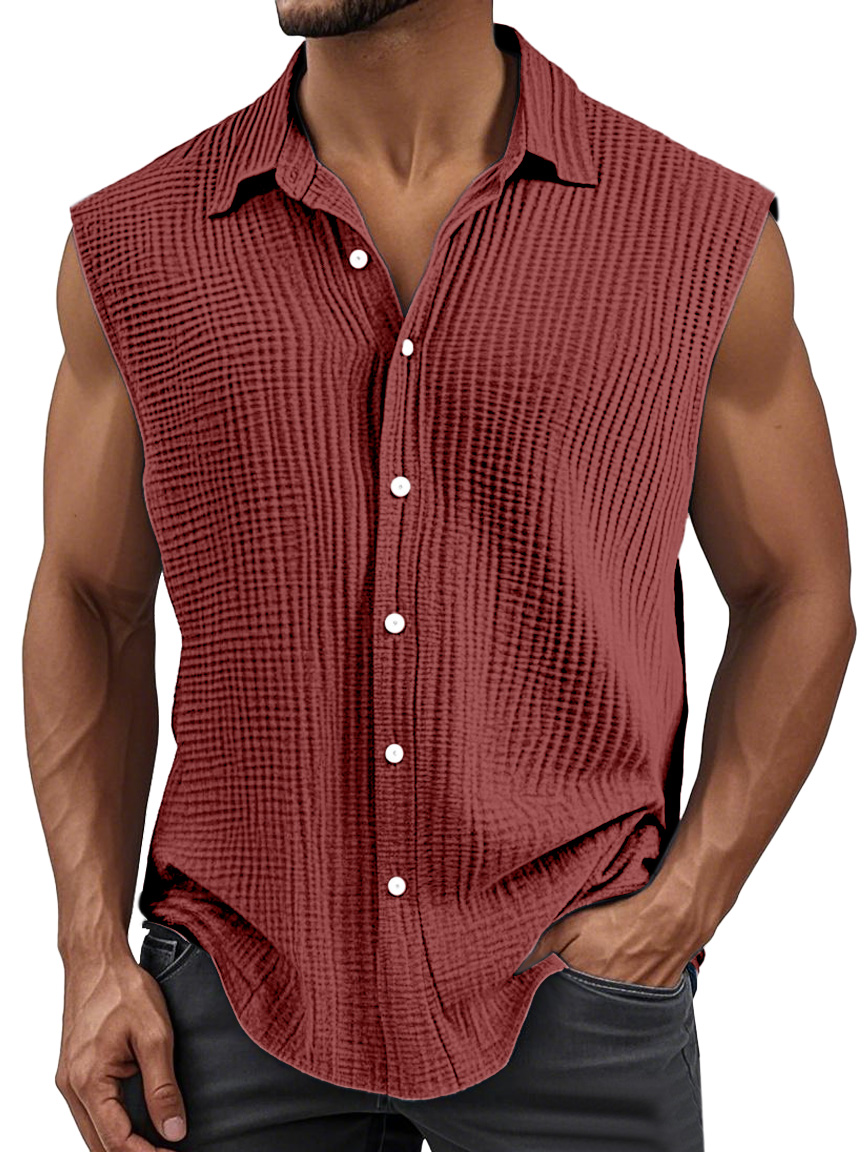 Men's Simple Solid Color Pleated Lapel Sleeveless Shirt
