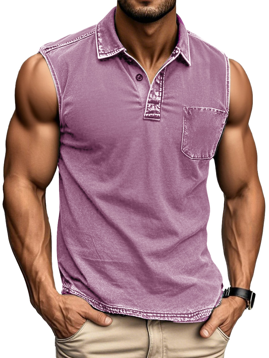 Men's Fashion Daily Distressed Fabric Pocket Sleeveless Polo Shirt