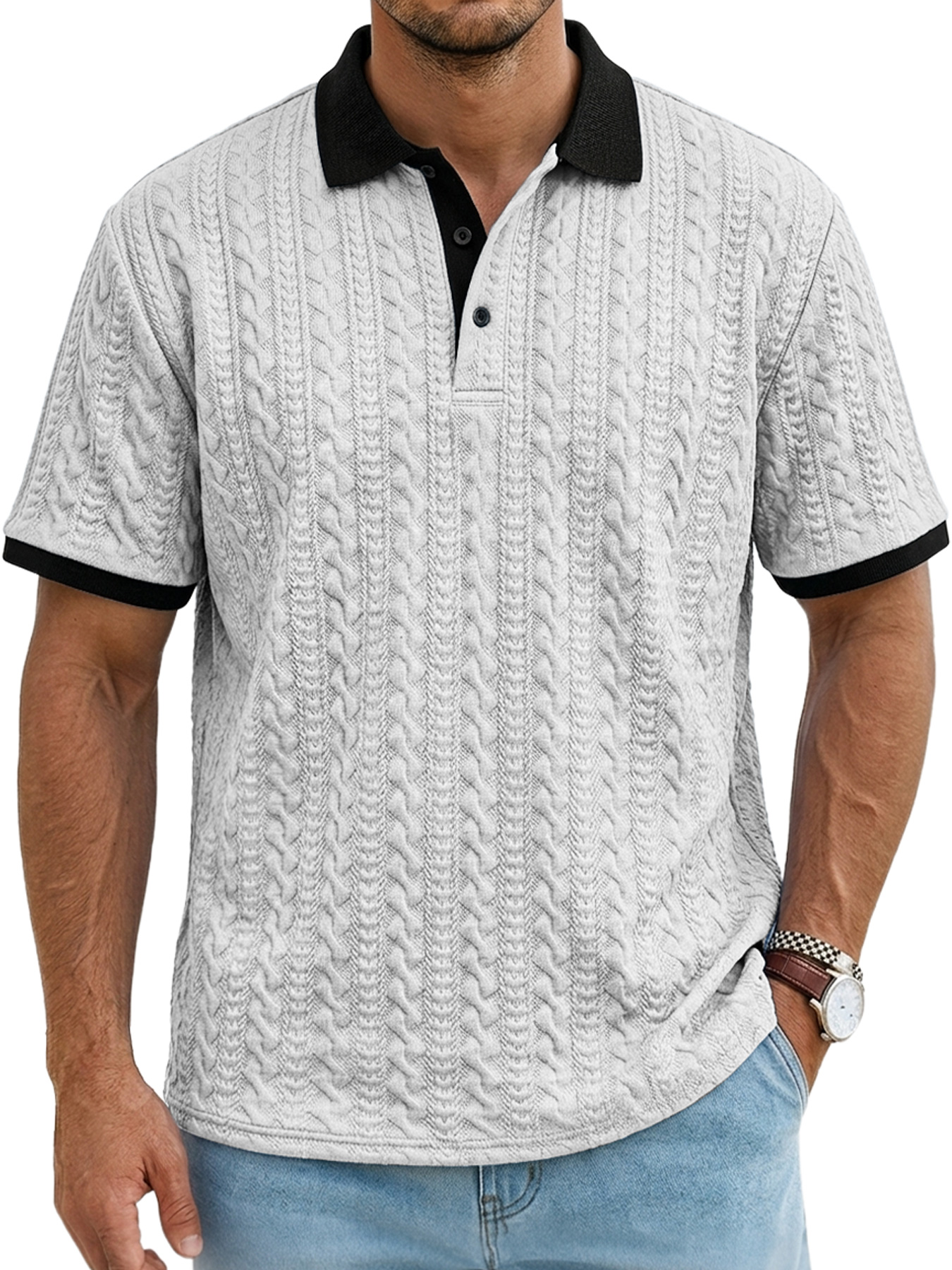 Men's Textured Collar Button-Up Casual Comfort Short-Sleeve Polo Shirt