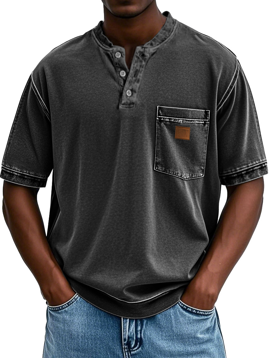 Men's Retro Distressed Embroidered Pocket Short-sleeved Henley Shirt