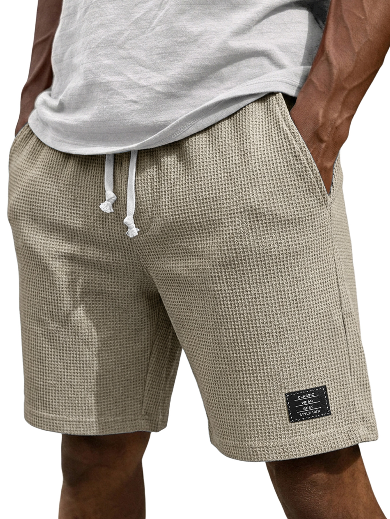 Men's Casual Waffle Embroidered Logo Elastic Waist Loose Shorts
