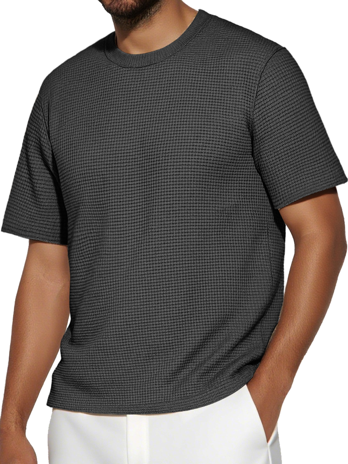 Men's Daily Round Neck Waffle Casual Solid Color Short Sleeve T-Shirt