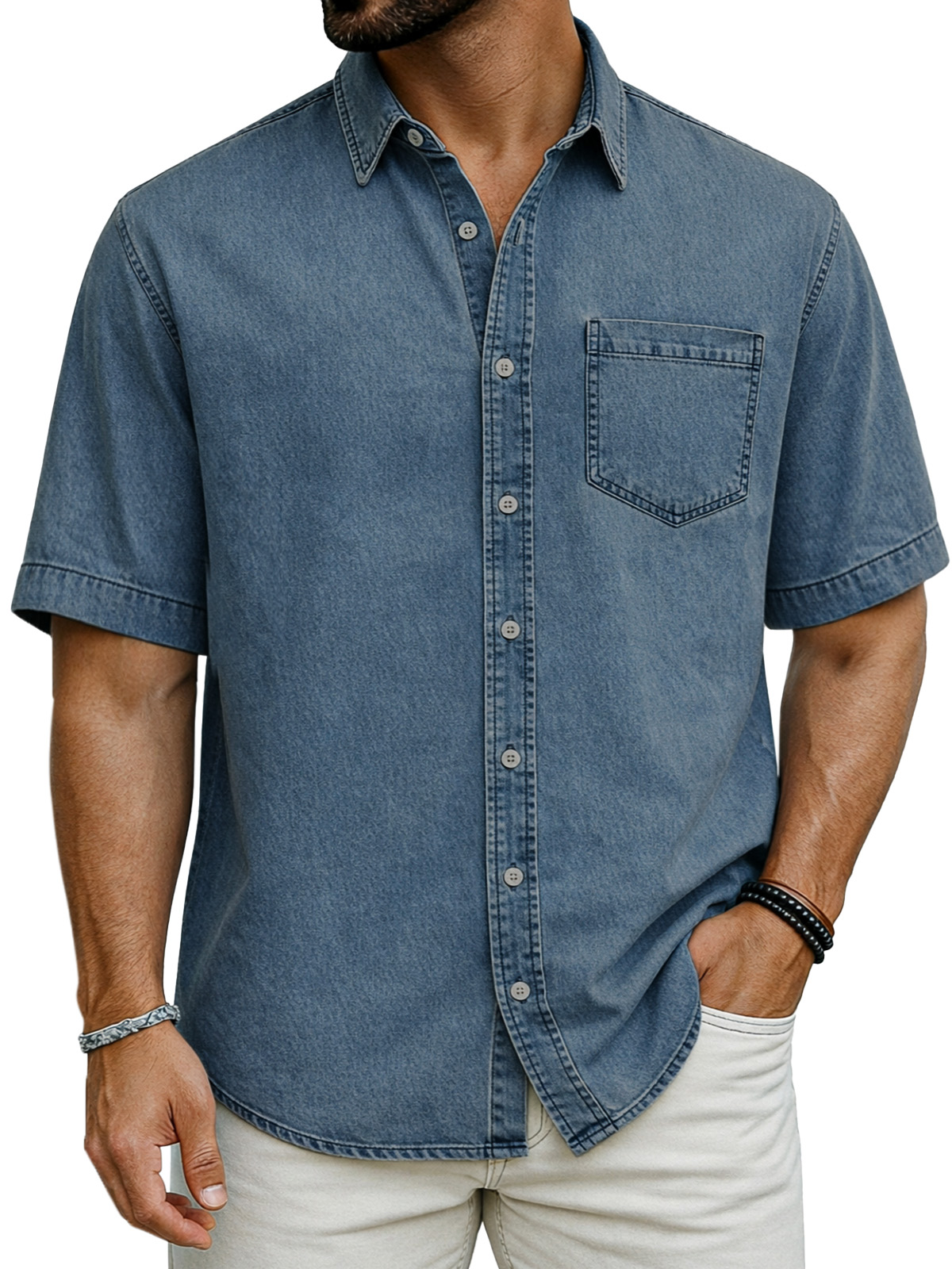Retro Simple Solid Color Short-Sleeve Shirt with Chest Pocket