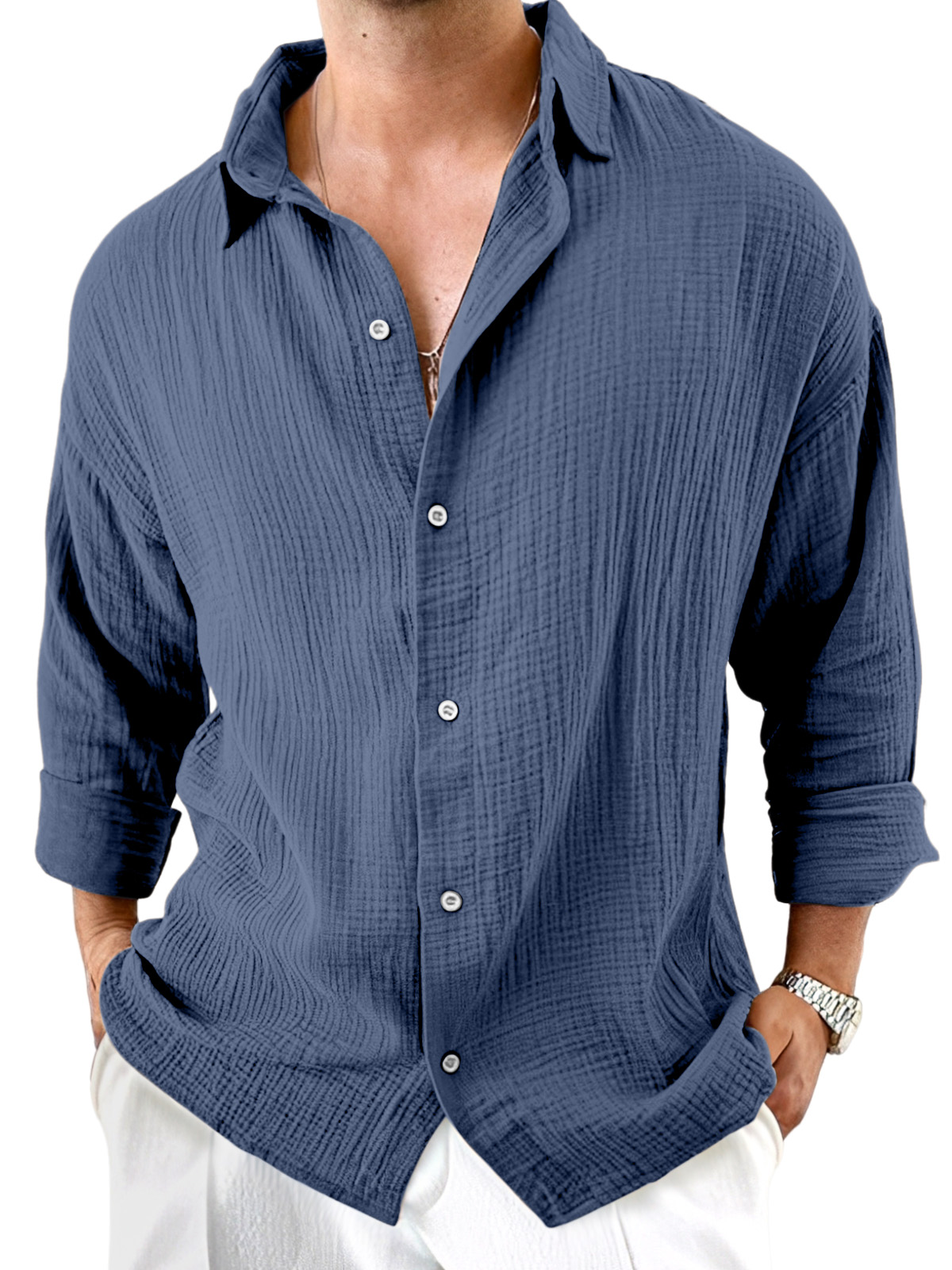 Men's Everyday Casual Cotton Pleated Lapel Long Sleeve Shirt