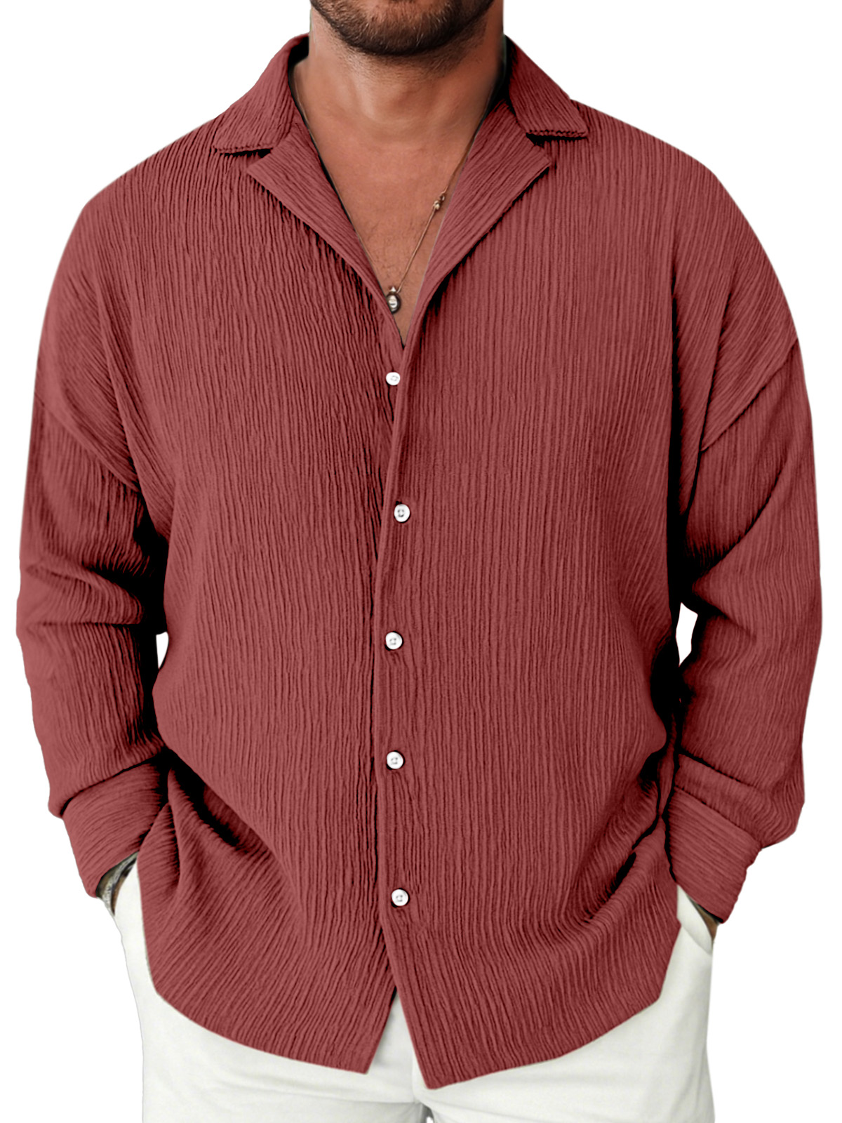 Men's Casual Solid Color Textured Loose Lapel Long-sleeved Shirt