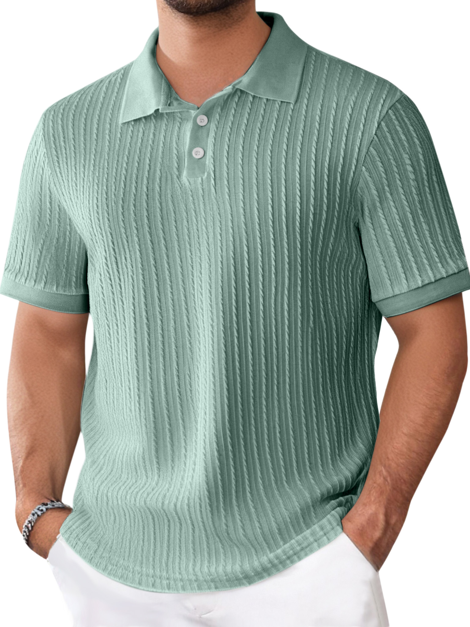 Men's Daily Solid Color Texture Short-sleeved Button-down Polo Shirt
