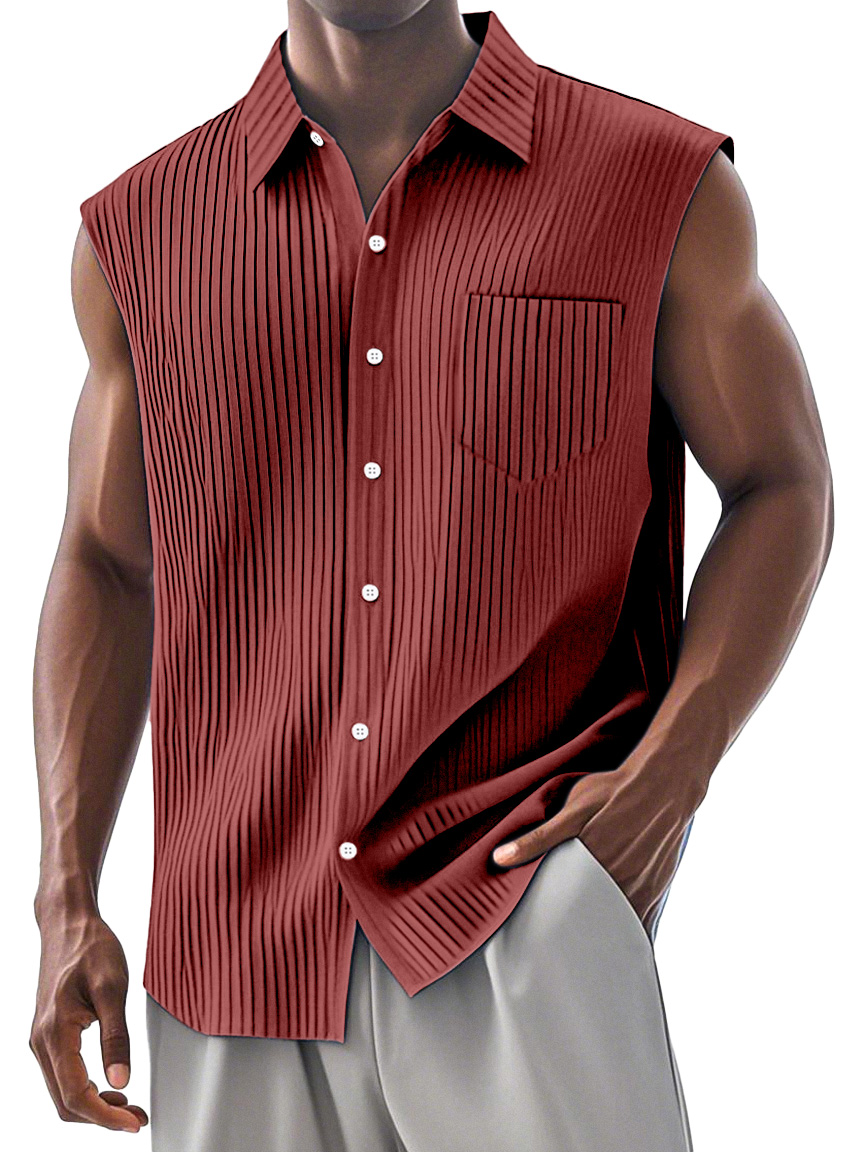 Men's Simple Daily Pit Strip Chest Pocket Lapel Sleeveless Shirt