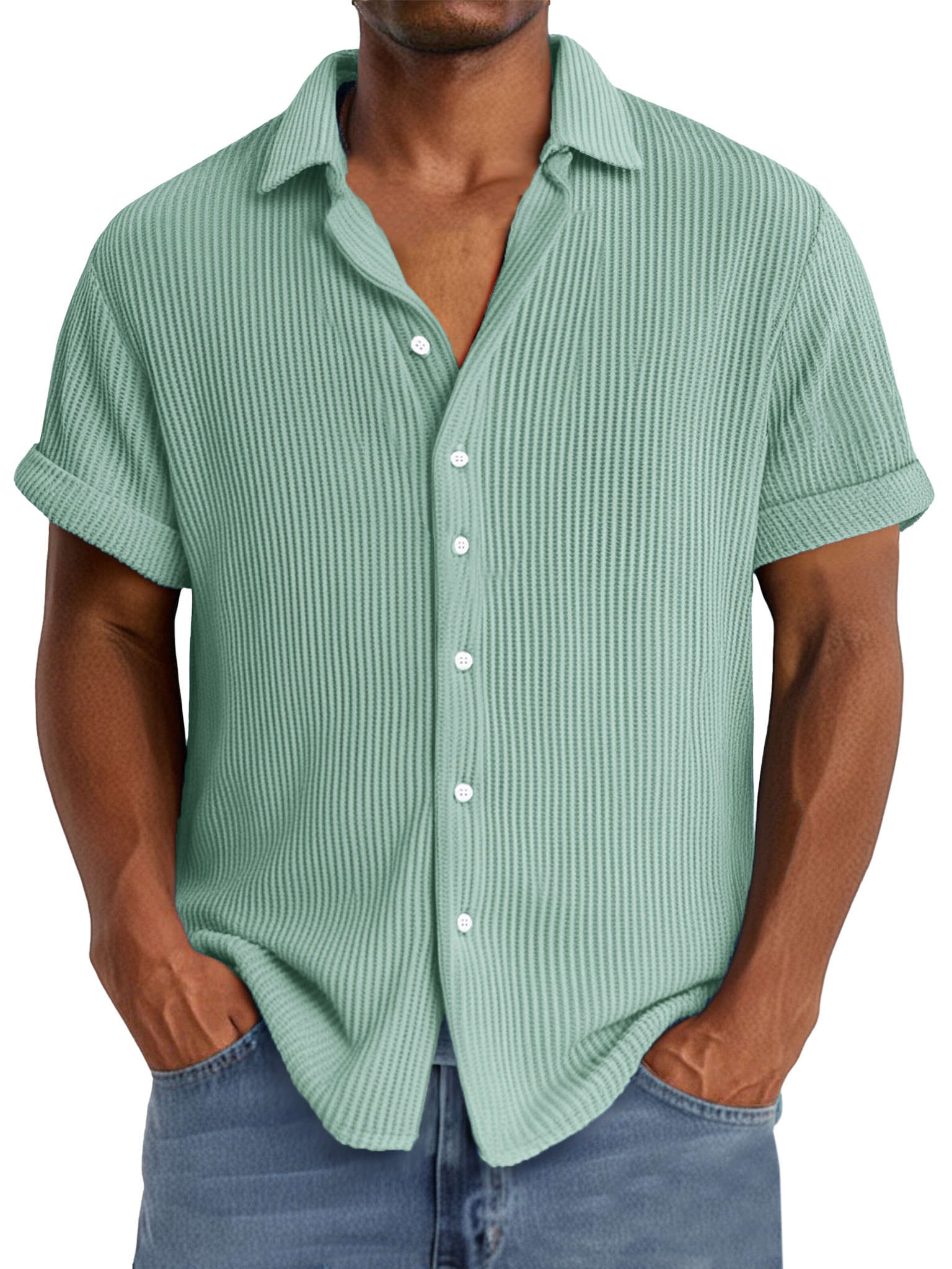 Men's summer casual simple waffle texture short-sleeved shirt