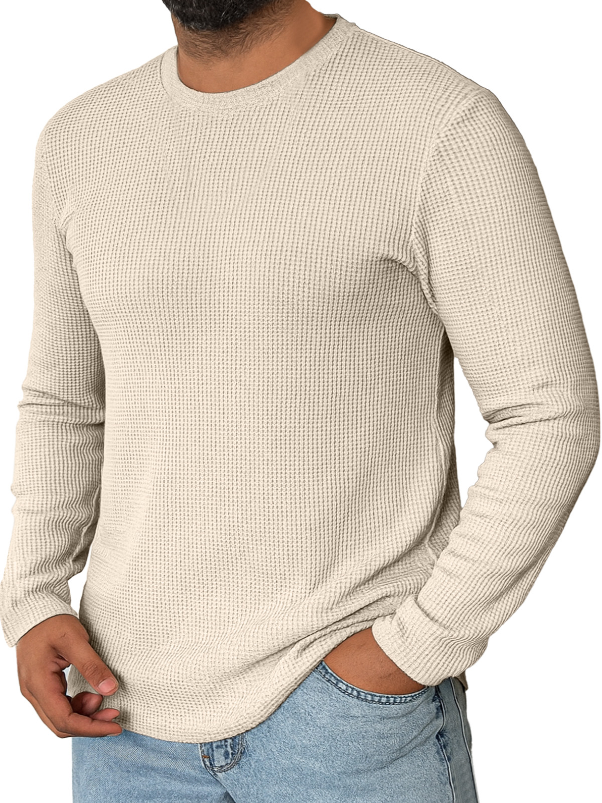 Men's Daily Simple Solid Color Waffle Round Neck Long-sleeved T-shirt