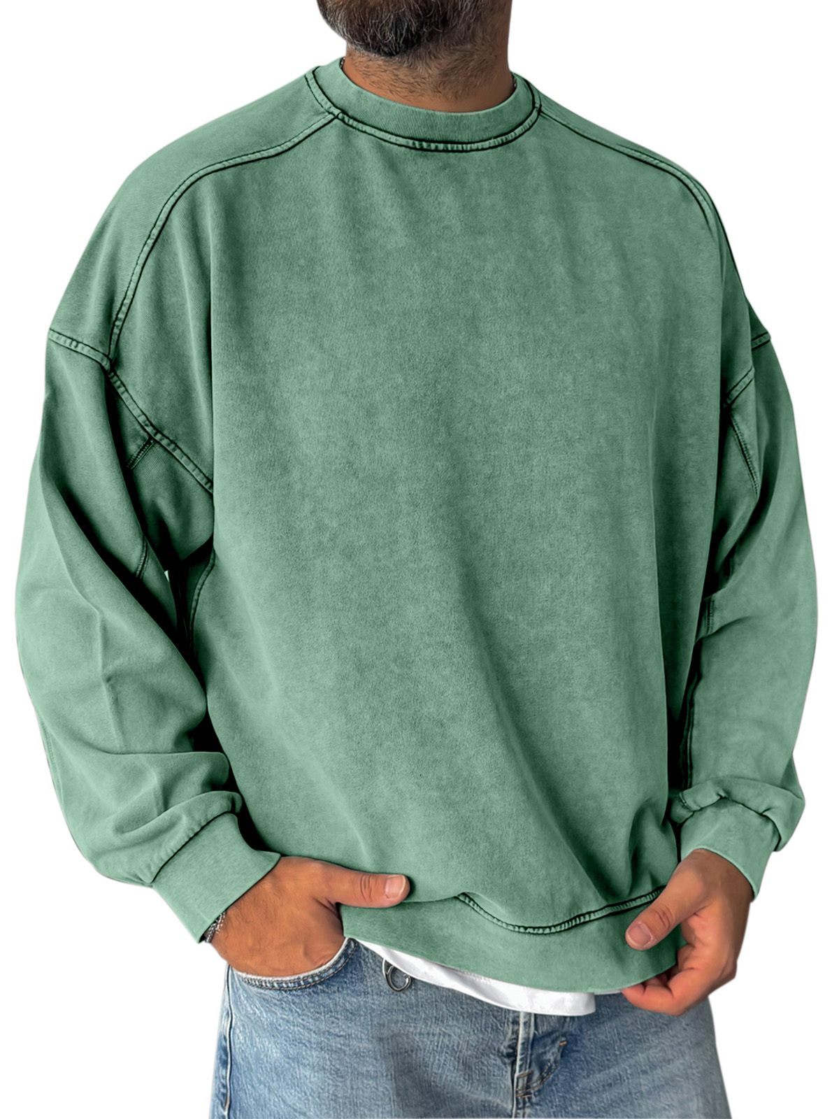 Retro Simple Shoulder Design Stitching Casual Round Neck Sweatshirt