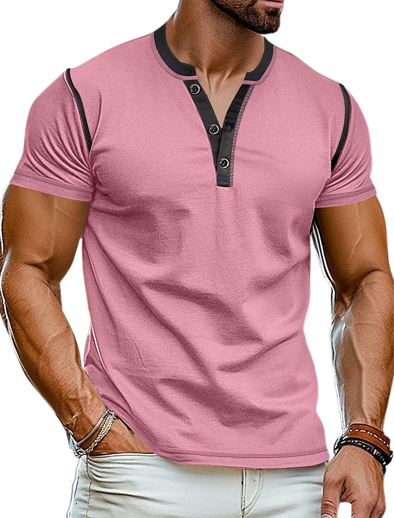 Men's Everyday Simple And Comfortable Cotton Contrast Button Short-sleeved Henley Shirt
