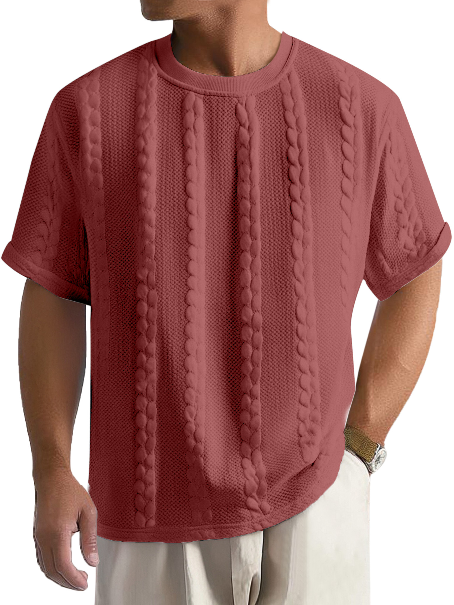 Men's Casual Solid Color Texture Loose Round Neck Short-sleeved T-shirt