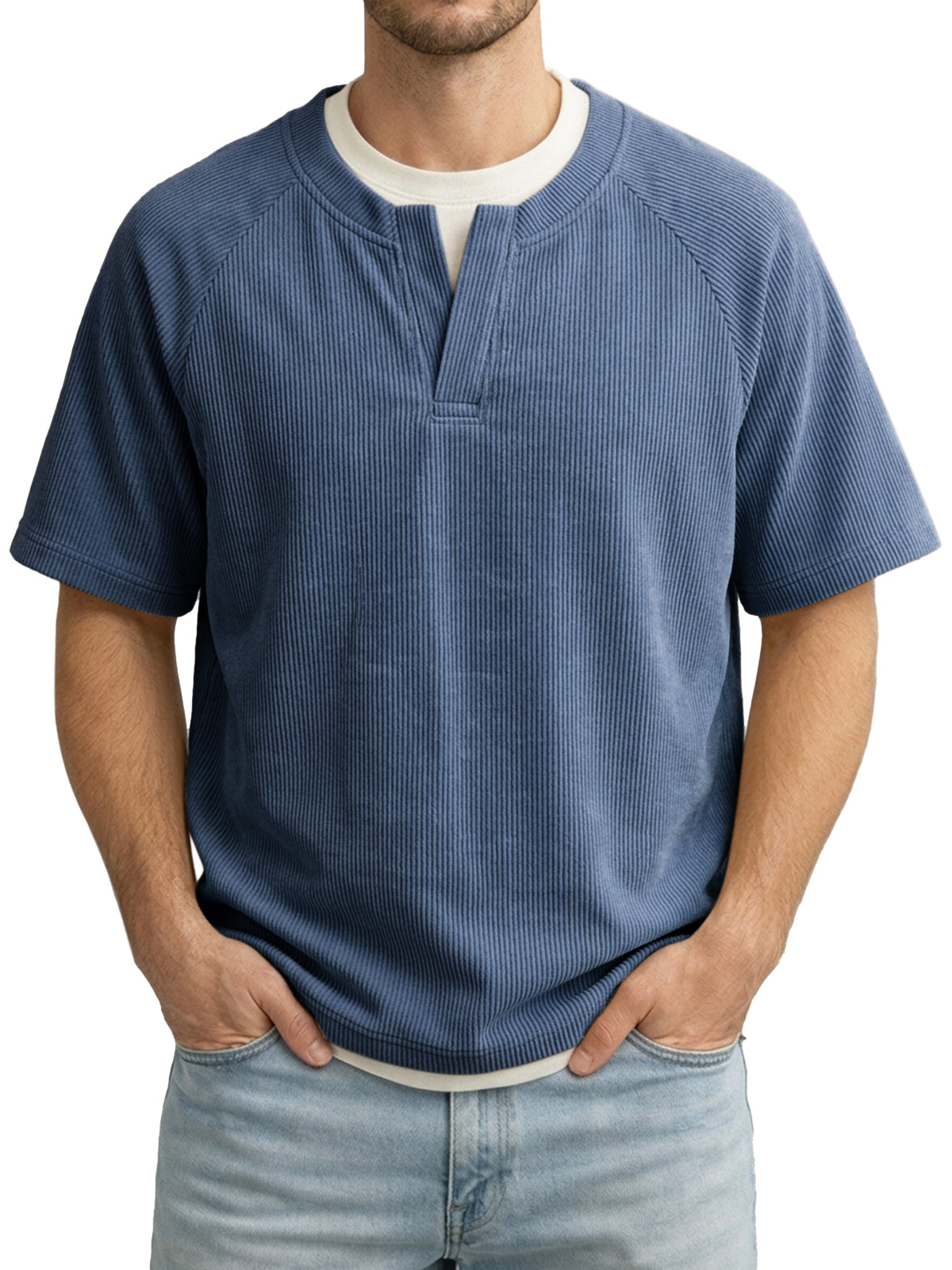 Men's Solid Color Fake Two-piece Vertical Pit V-neck Short-sleeved T-shirt