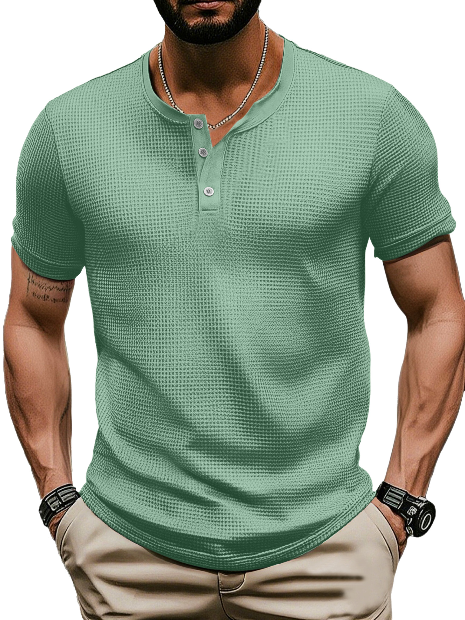 Men's Casual Solid Color Waffle Short Sleeve Three Button Henley Shirt