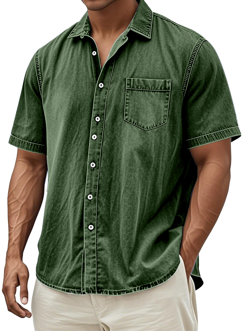 Men's Retro Solid Color Simple Everyday Short Sleeve Button Lapel Shirt